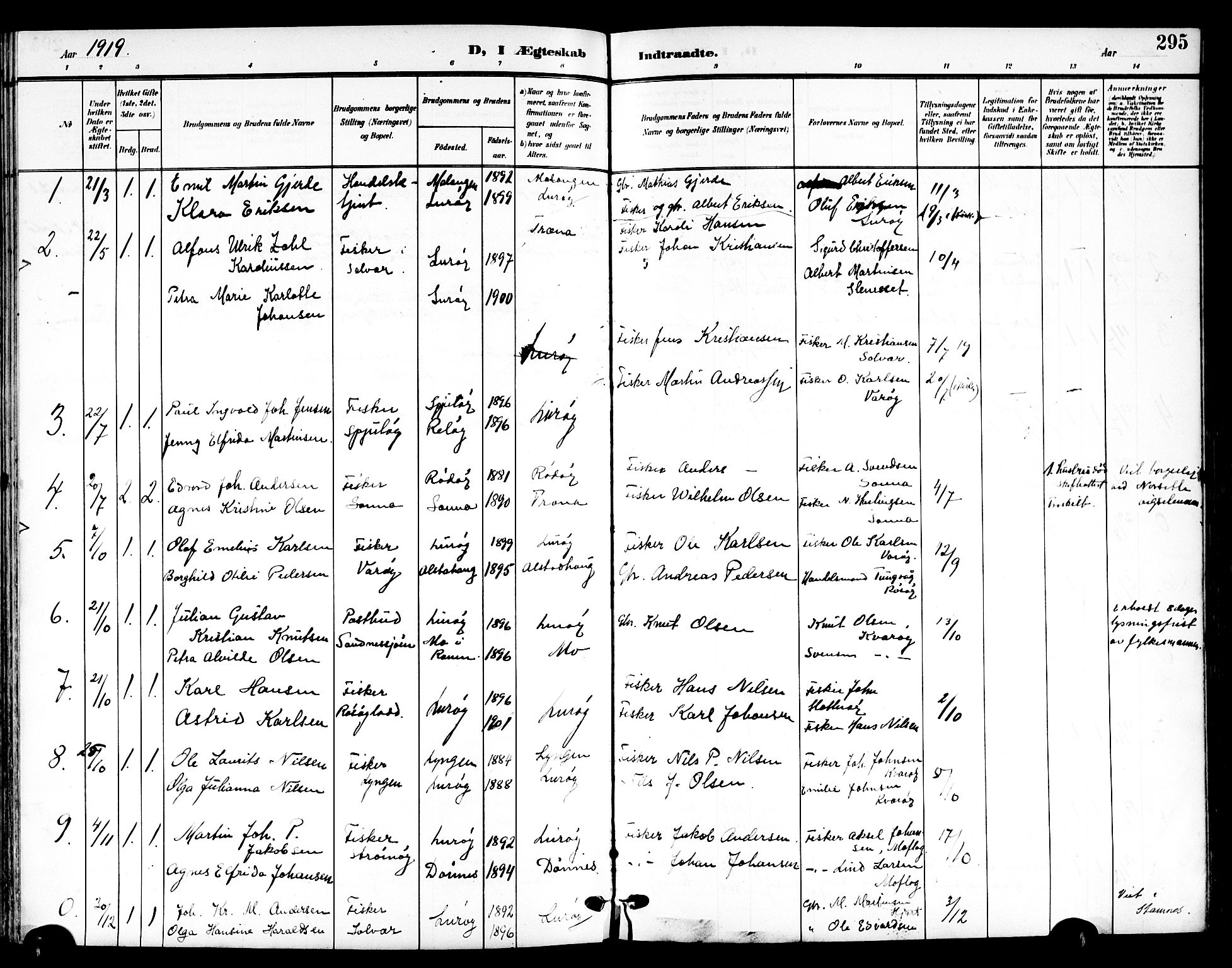 Ministerialprotokoller, klokkerbøker og fødselsregistre - Nordland, AV/SAT-A-1459/839/L0569: Parish register (official) no. 839A06, 1903-1922, p. 295