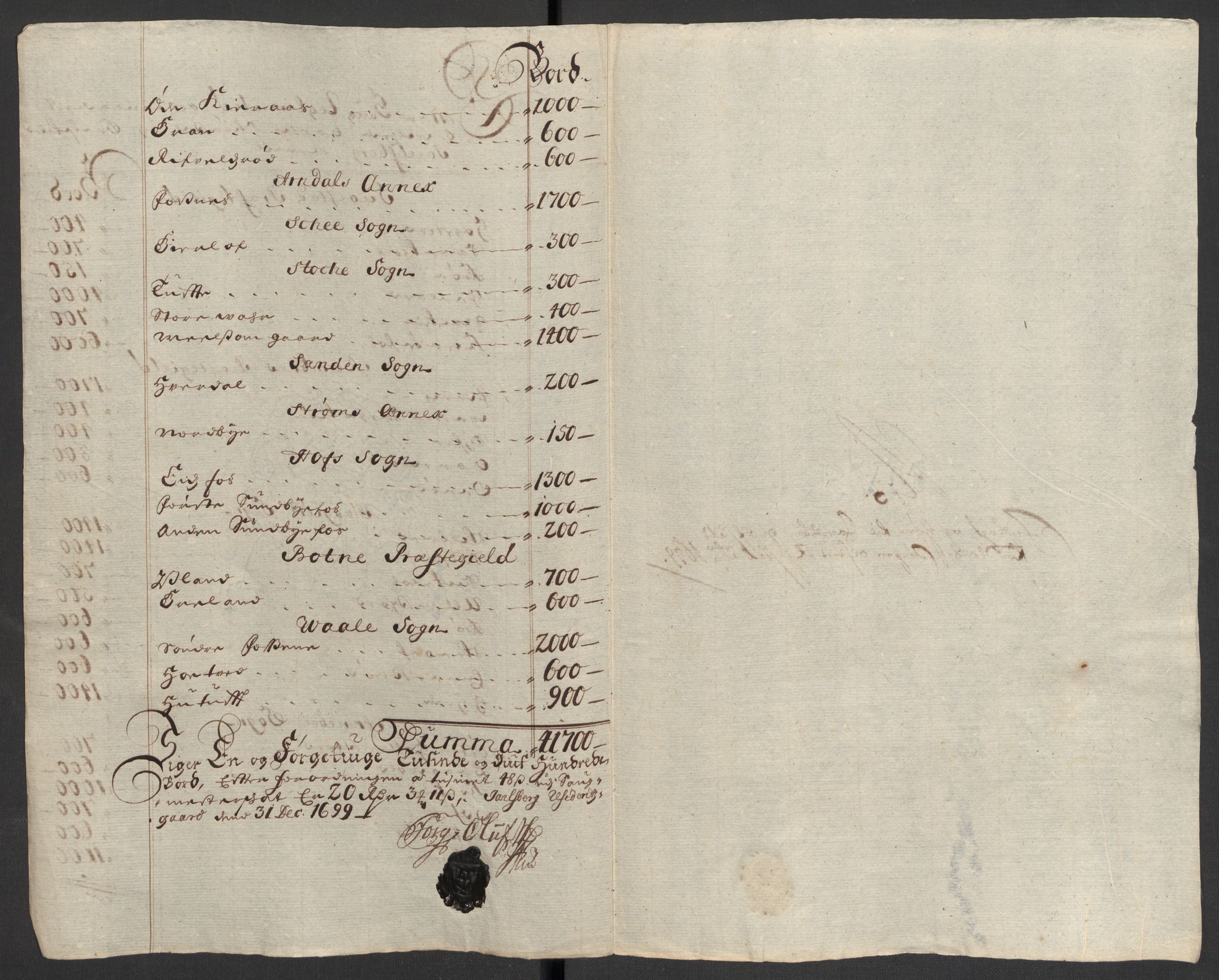 Rentekammeret inntil 1814, Reviderte regnskaper, Fogderegnskap, RA/EA-4092/R32/L1868: Fogderegnskap Jarlsberg grevskap, 1697-1699, p. 270