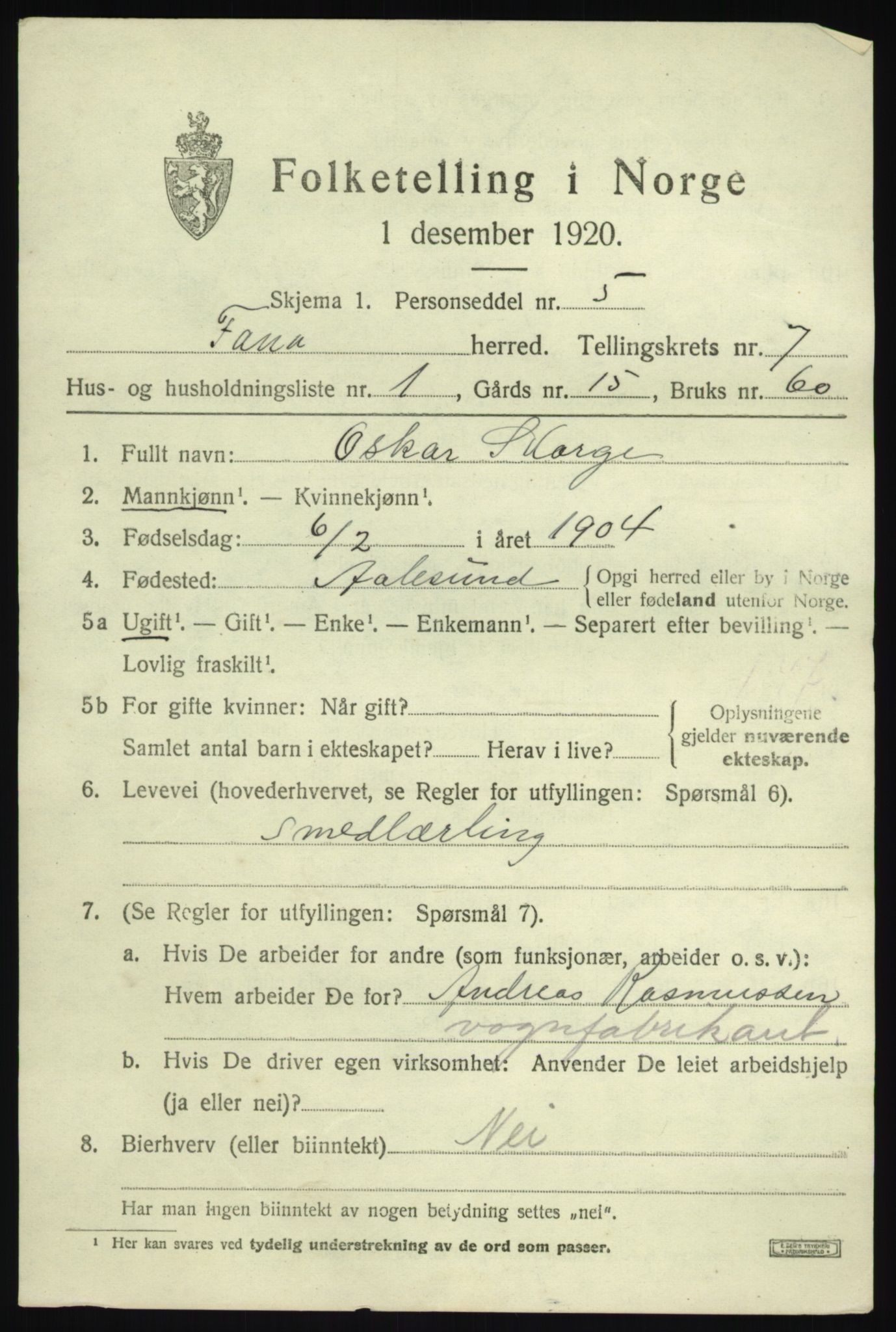 SAB, 1920 census for Fana, 1920, p. 12575