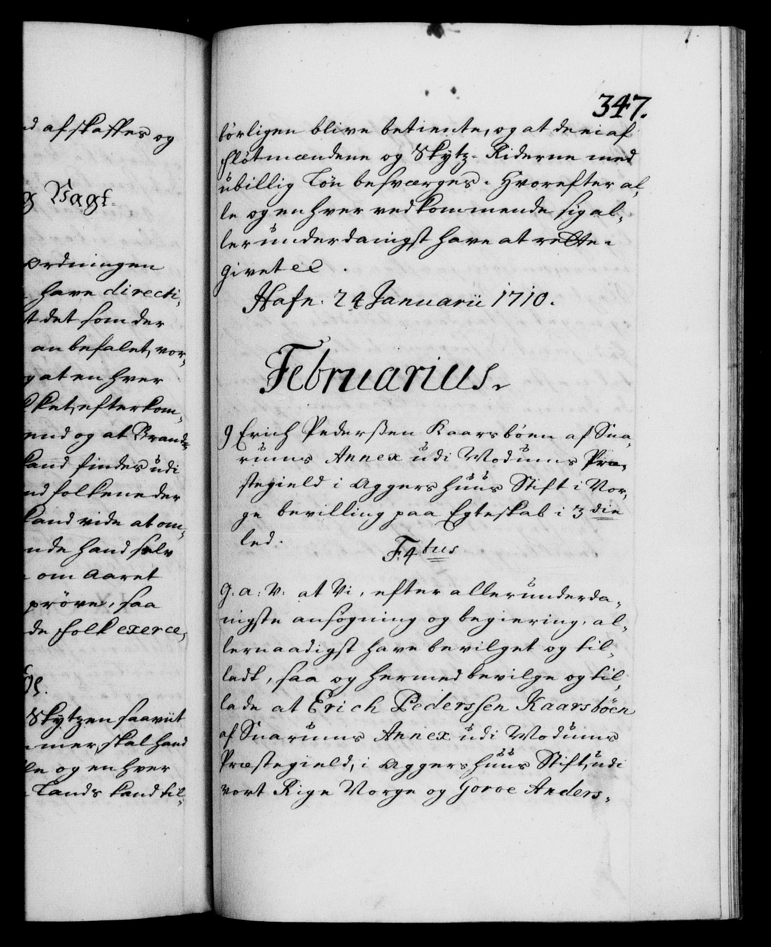 Danske Kanselli 1572-1799, AV/RA-EA-3023/F/Fc/Fca/Fcaa/L0020: Norske registre, 1708-1711, p. 347a