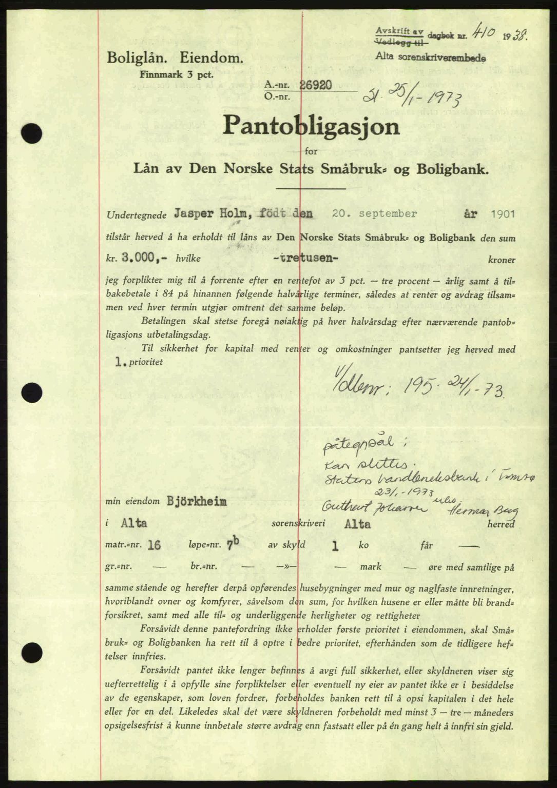 Alta fogderi/sorenskriveri, SATØ/SATØ-5/1/K/Kd/L0031pantebok: Mortgage book no. 31, 1938-1939, Diary no: : 410/1938