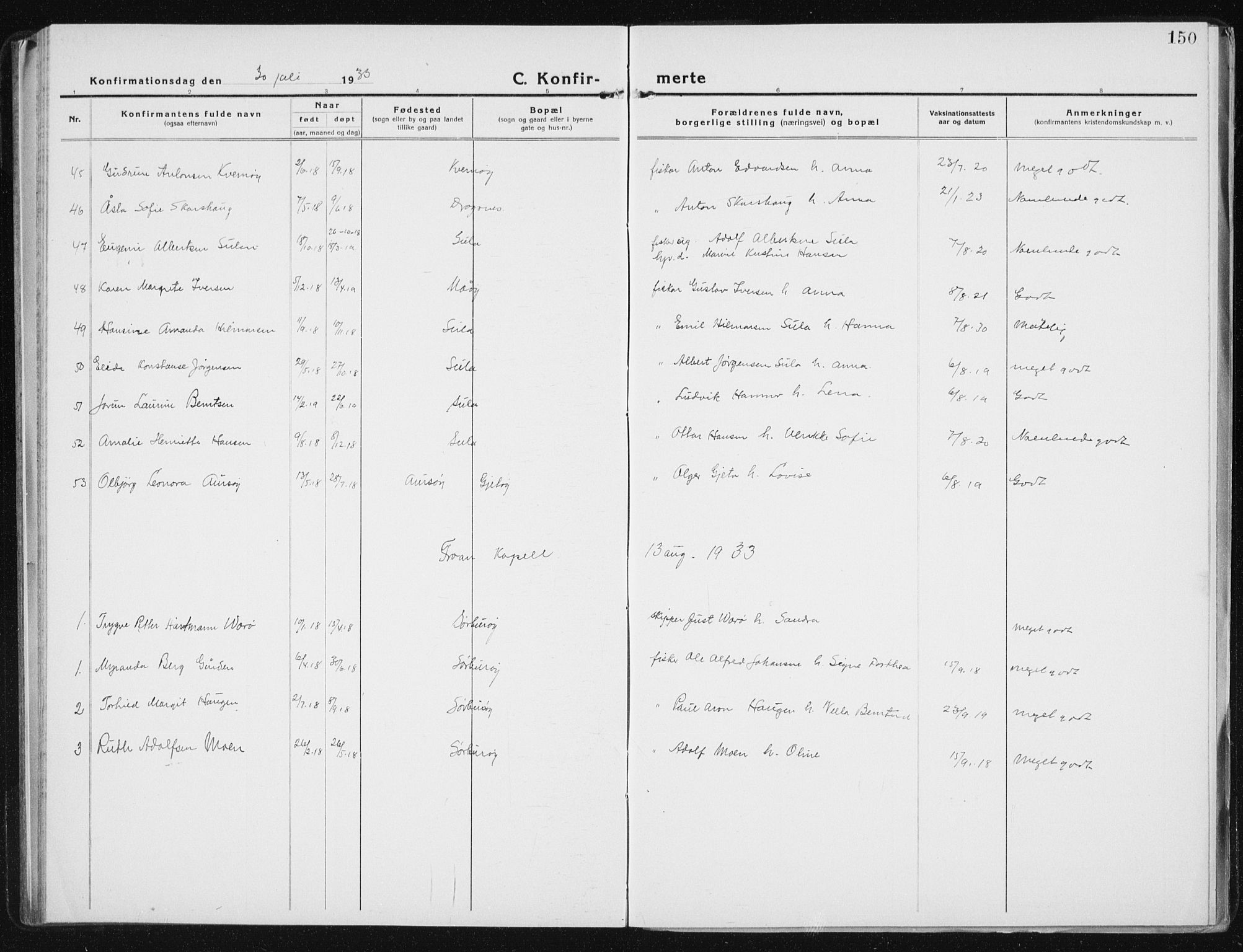 Ministerialprotokoller, klokkerbøker og fødselsregistre - Sør-Trøndelag, SAT/A-1456/640/L0589: Parish register (copy) no. 640C06, 1922-1934, p. 150