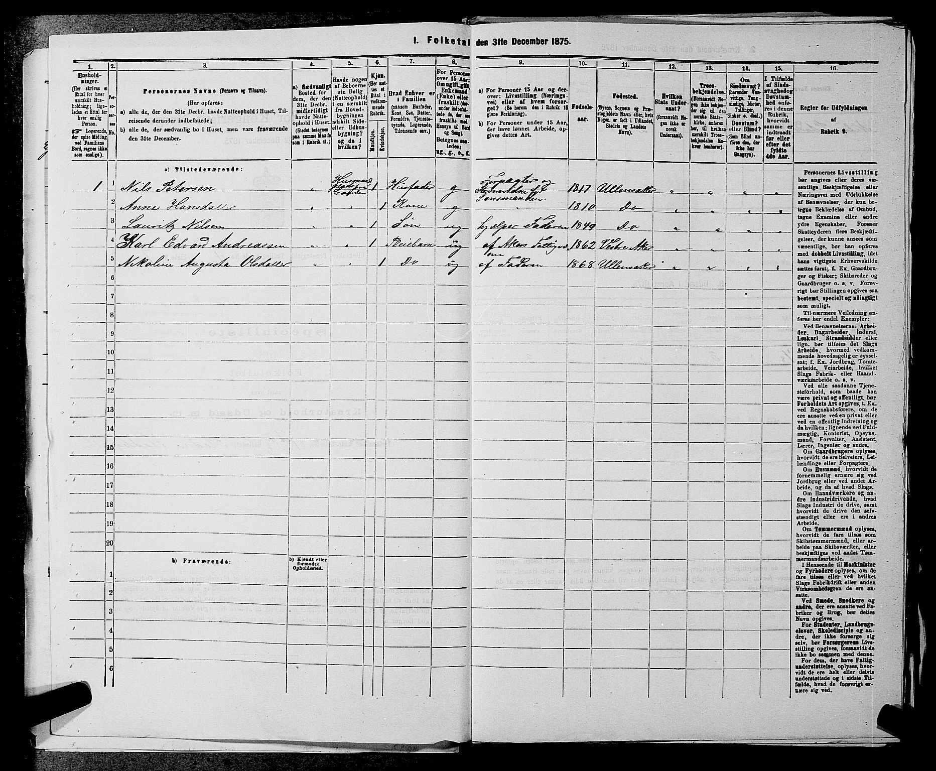 RA, 1875 census for 0235P Ullensaker, 1875, p. 484