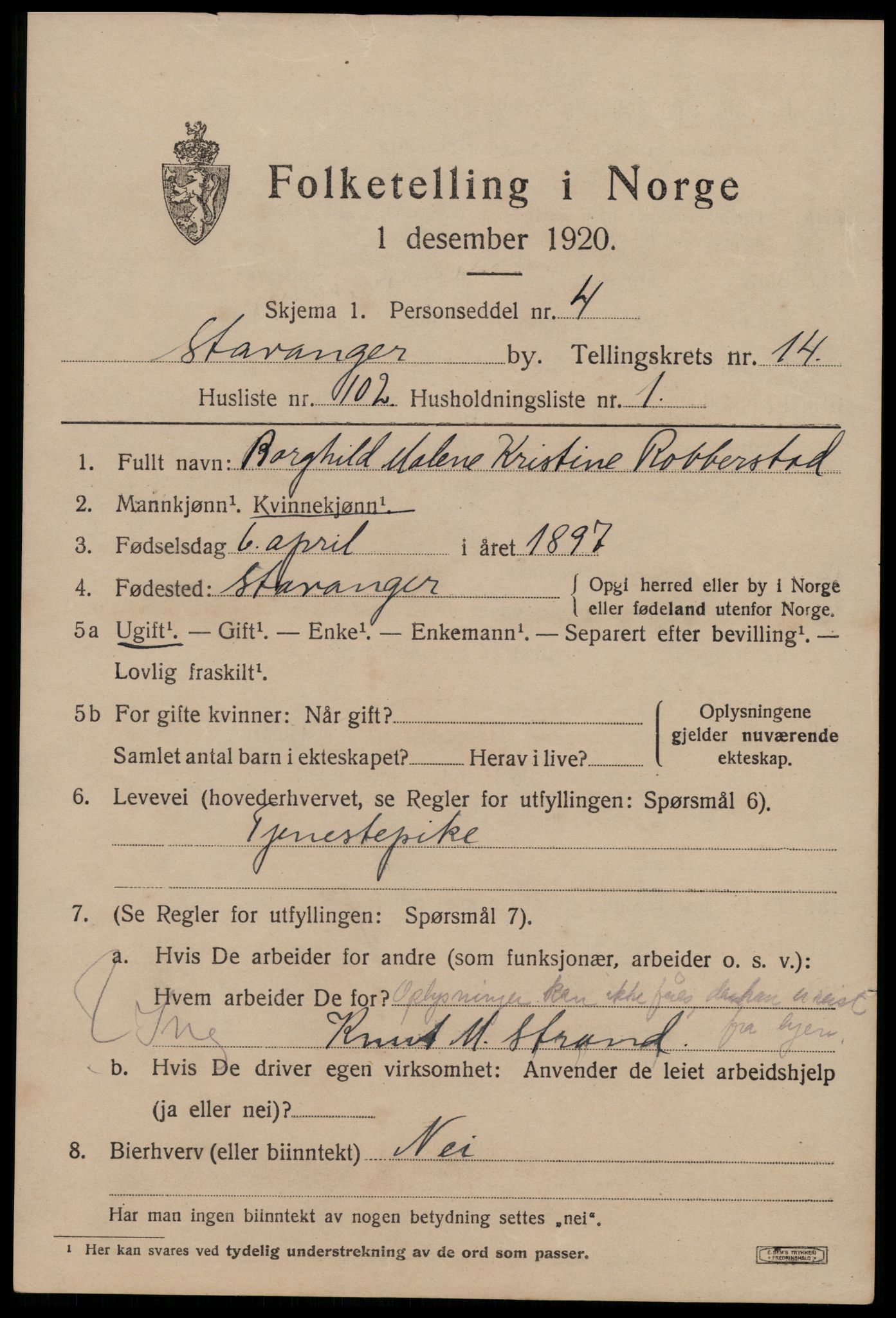 SAST, 1920 census for Stavanger, 1920, p. 61418