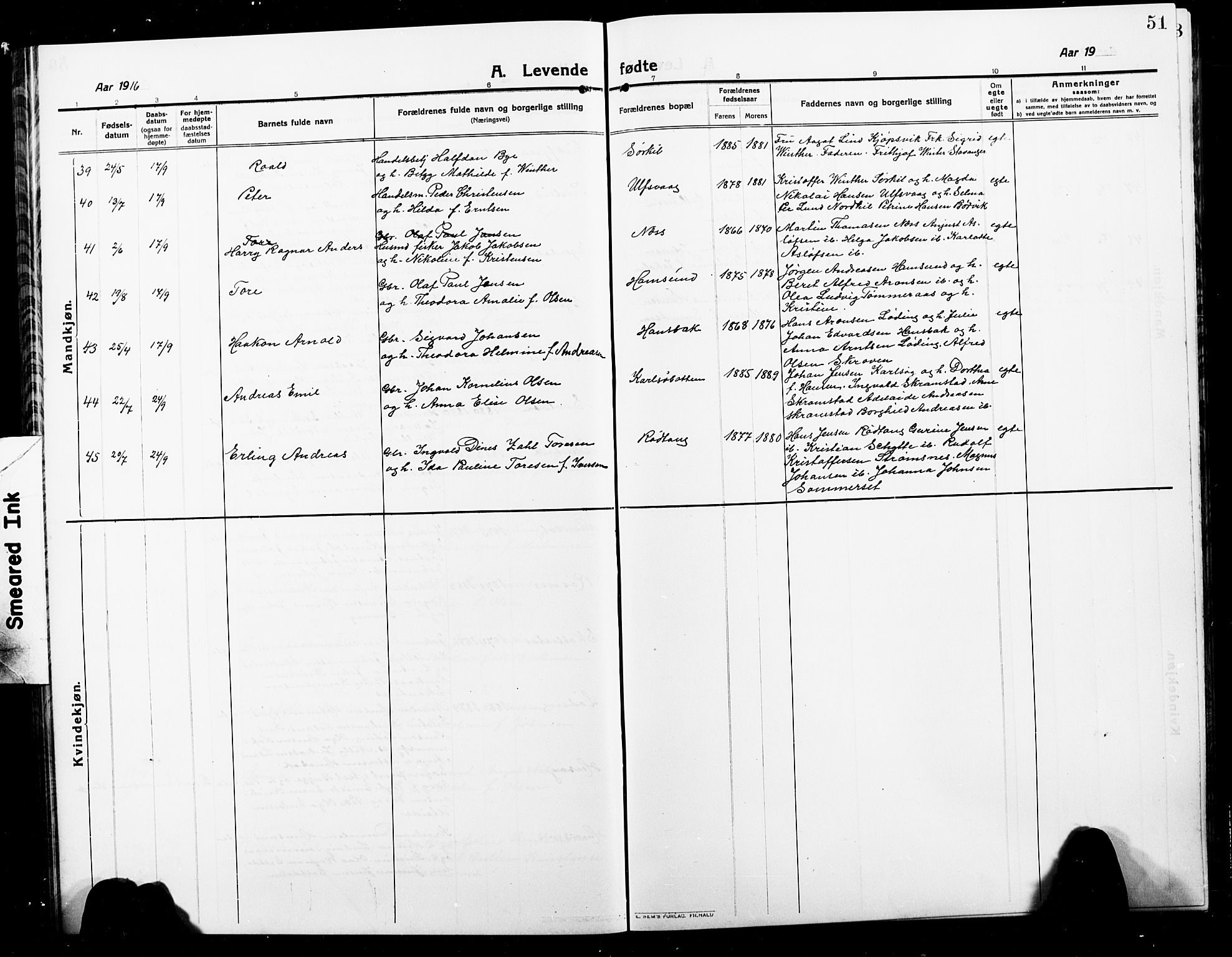 Ministerialprotokoller, klokkerbøker og fødselsregistre - Nordland, AV/SAT-A-1459/859/L0861: Parish register (copy) no. 859C07, 1910-1925, p. 51