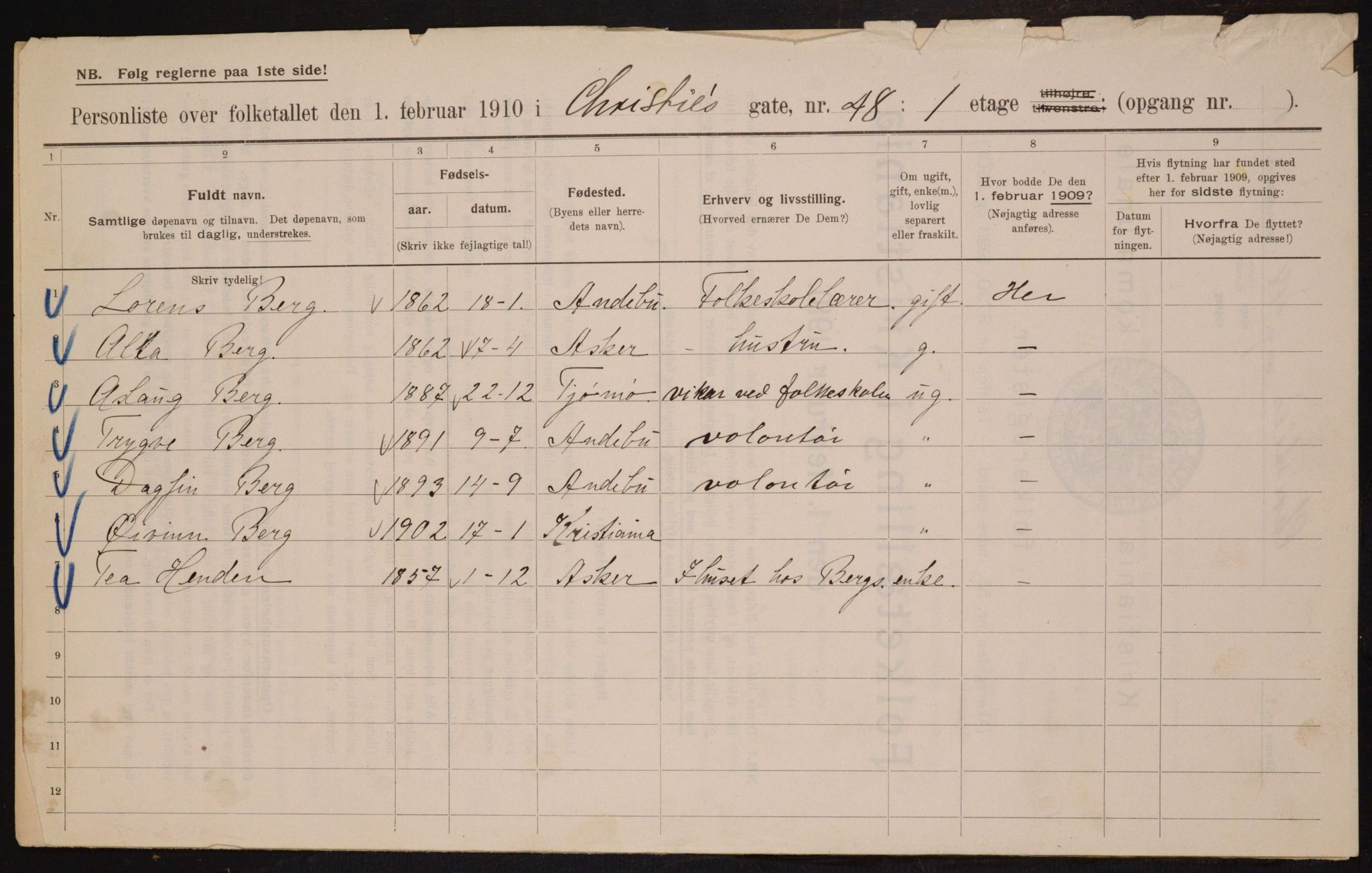 OBA, Municipal Census 1910 for Kristiania, 1910, p. 12196