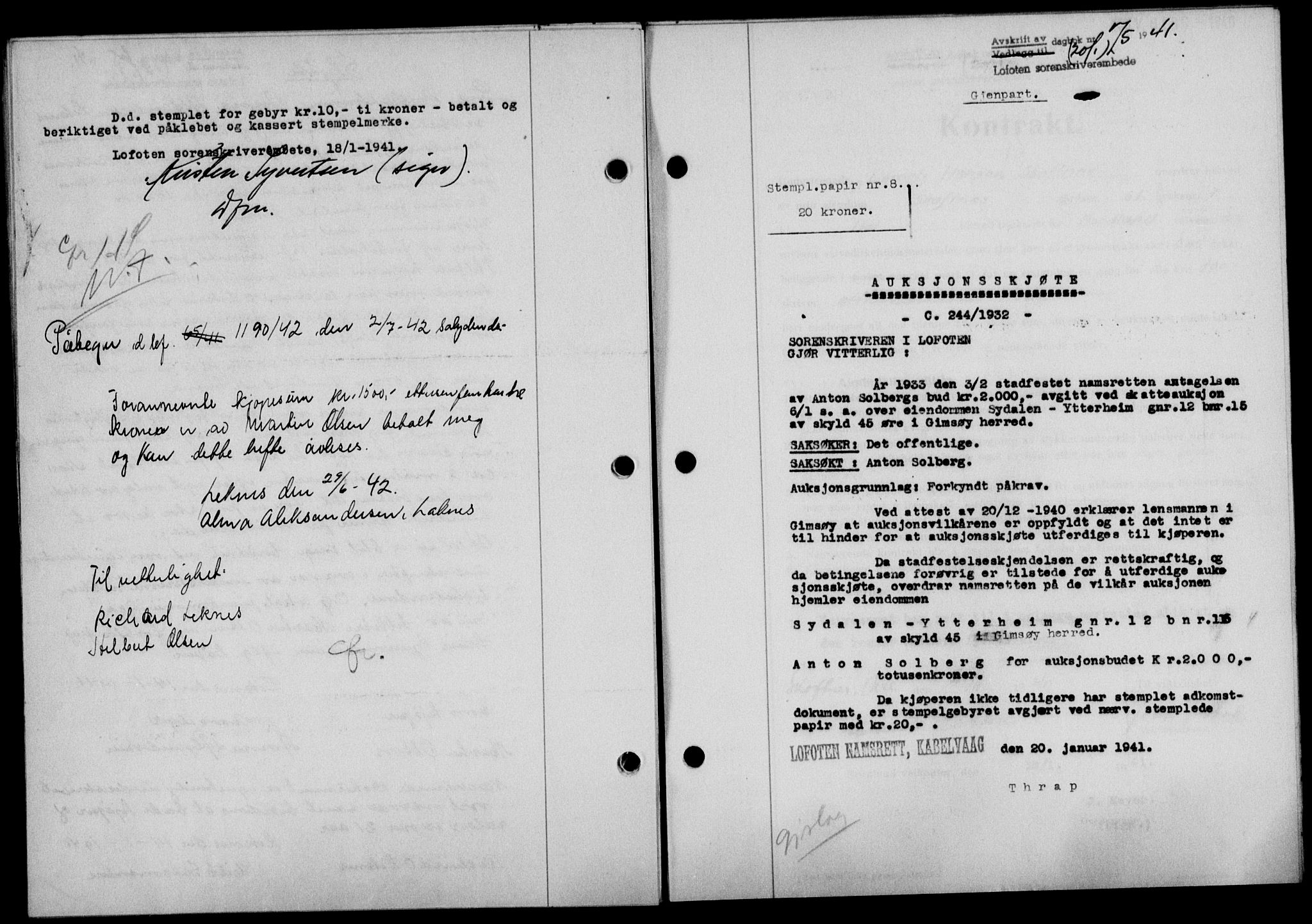 Lofoten sorenskriveri, SAT/A-0017/1/2/2C/L0008a: Mortgage book no. 8a, 1940-1941, Diary no: : 75/1941