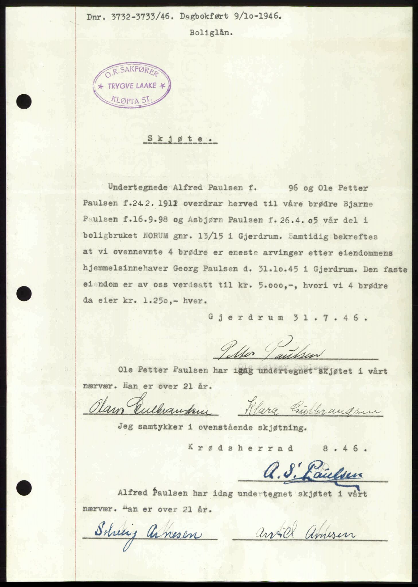 Nedre Romerike sorenskriveri, AV/SAO-A-10469/G/Gb/Gbd/L0017: Mortgage book no. 17, 1946-1946, Diary no: : 3732/1946