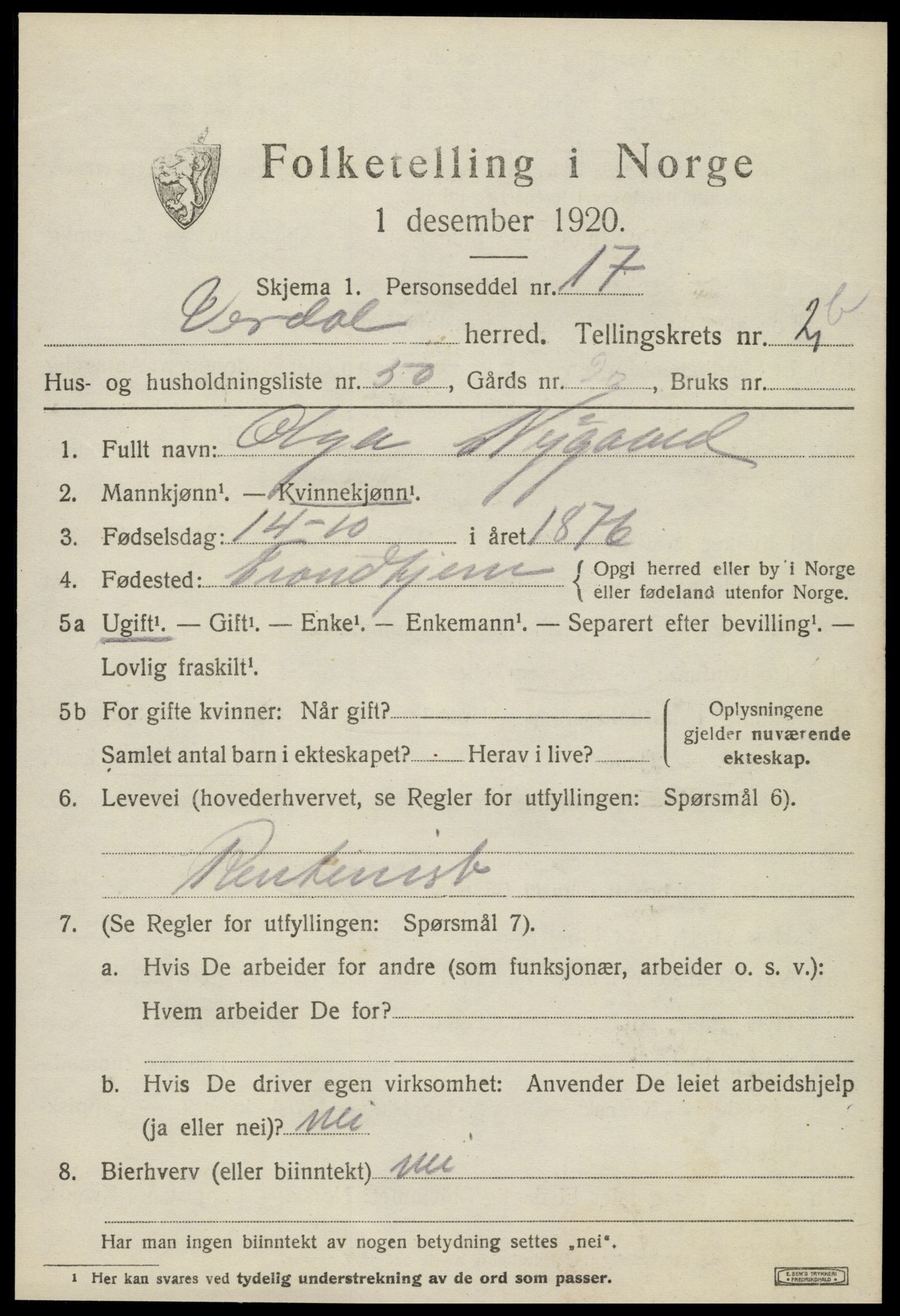 SAT, 1920 census for Verdal, 1920, p. 4723