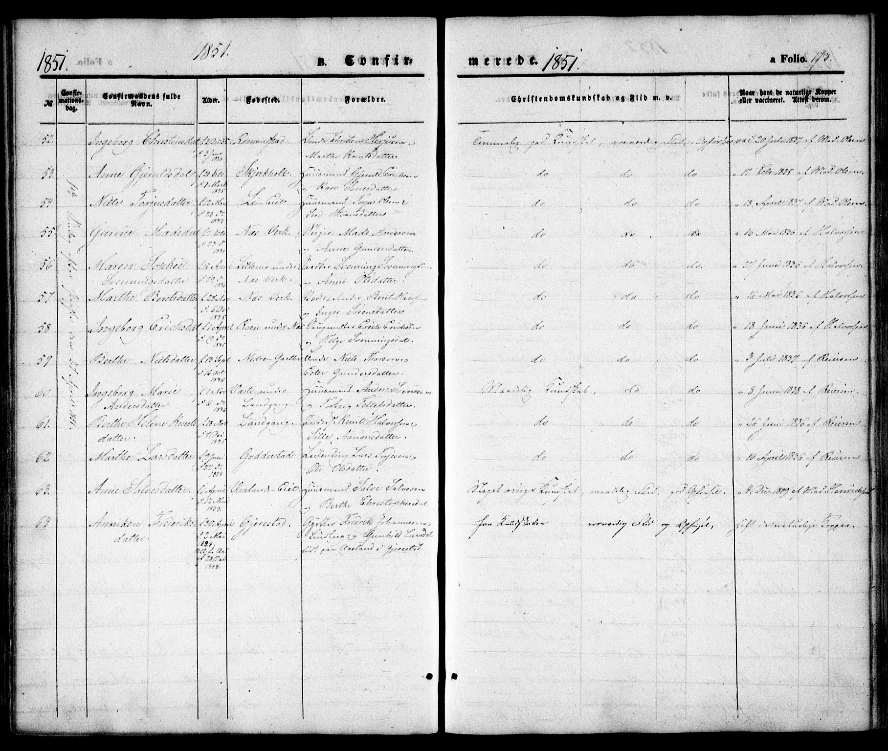 Holt sokneprestkontor, AV/SAK-1111-0021/F/Fa/L0008: Parish register (official) no. A 8, 1849-1860, p. 173