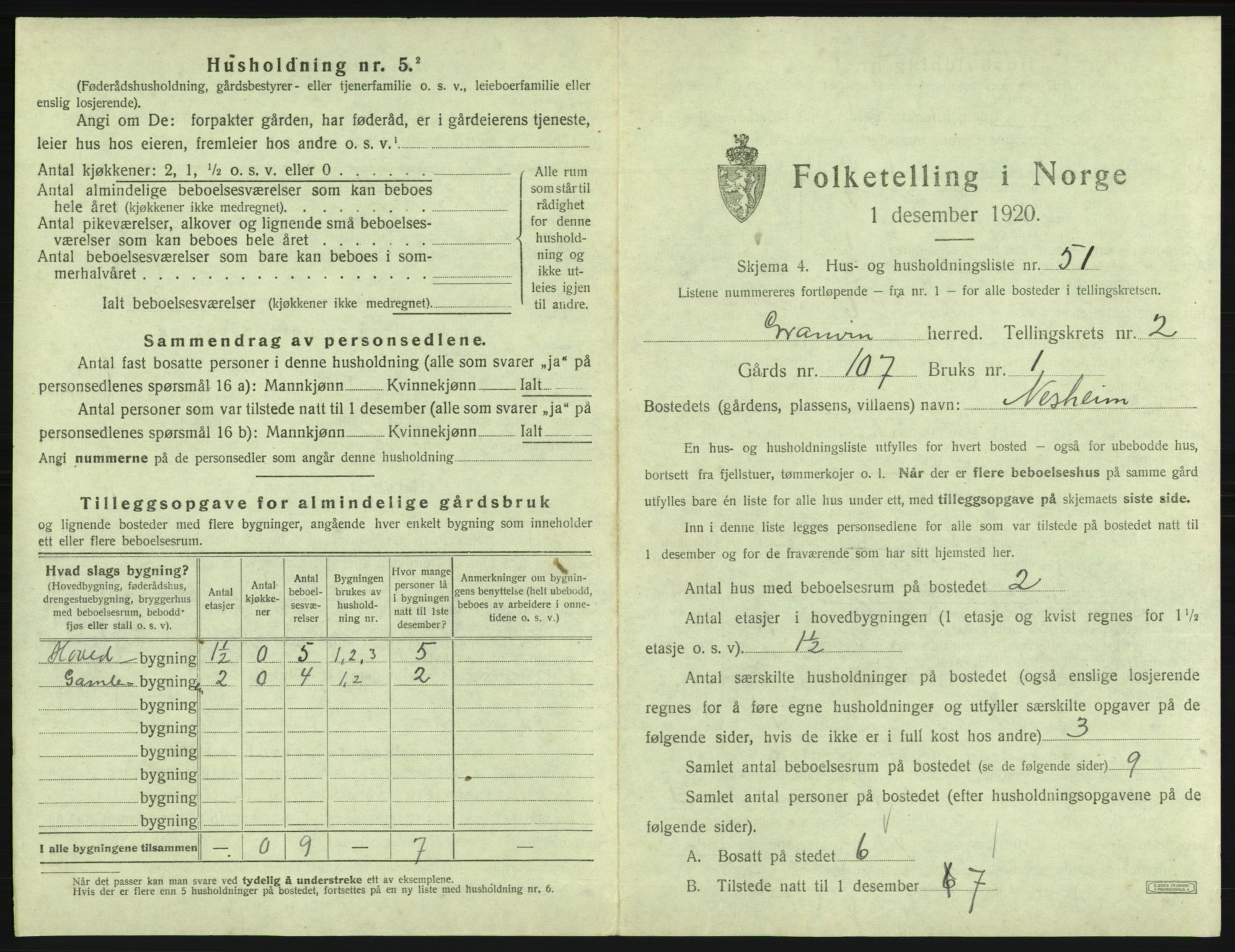 SAB, 1920 census for Granvin, 1920, p. 151