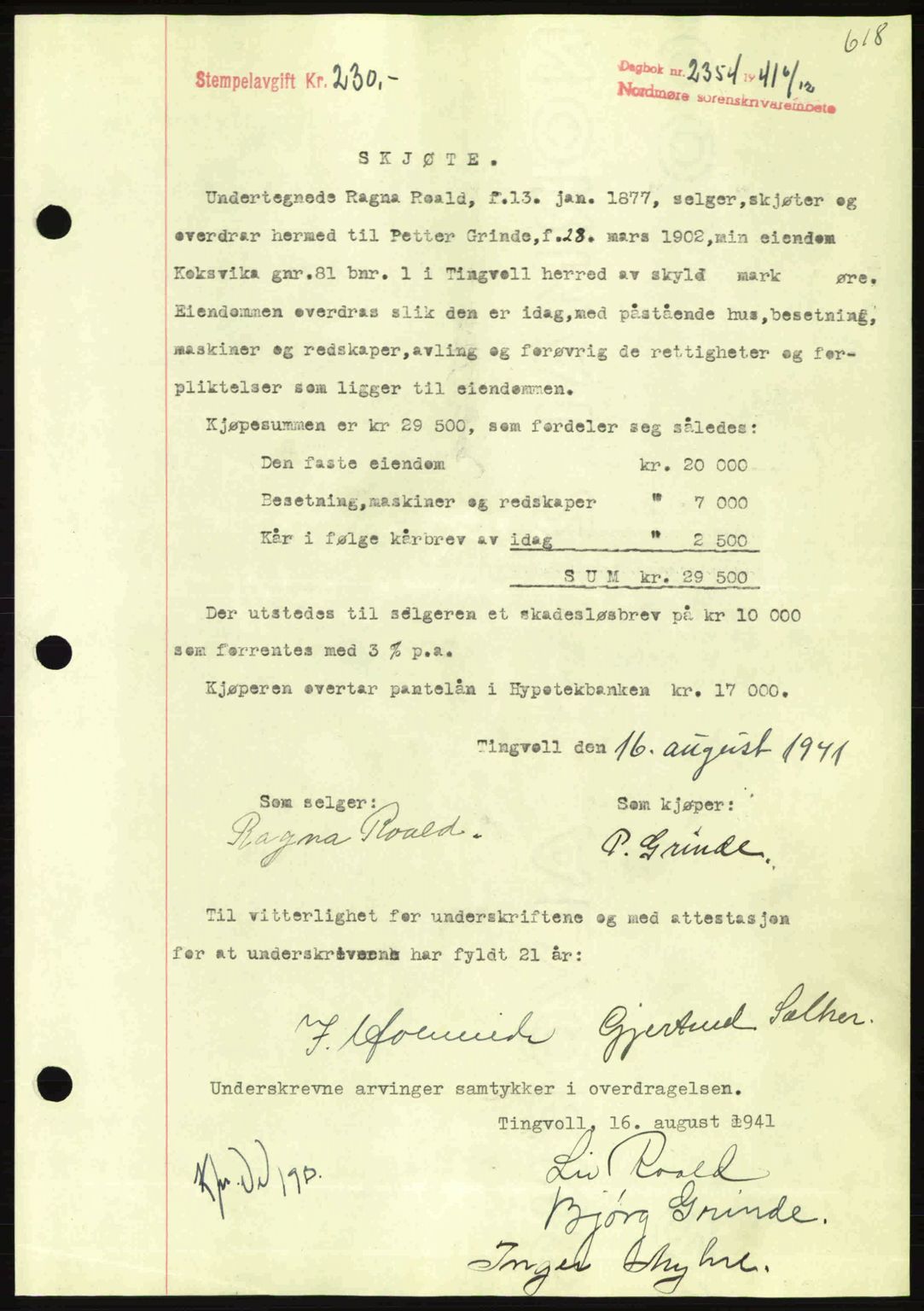 Nordmøre sorenskriveri, AV/SAT-A-4132/1/2/2Ca: Mortgage book no. A91, 1941-1942, Diary no: : 2354/1941