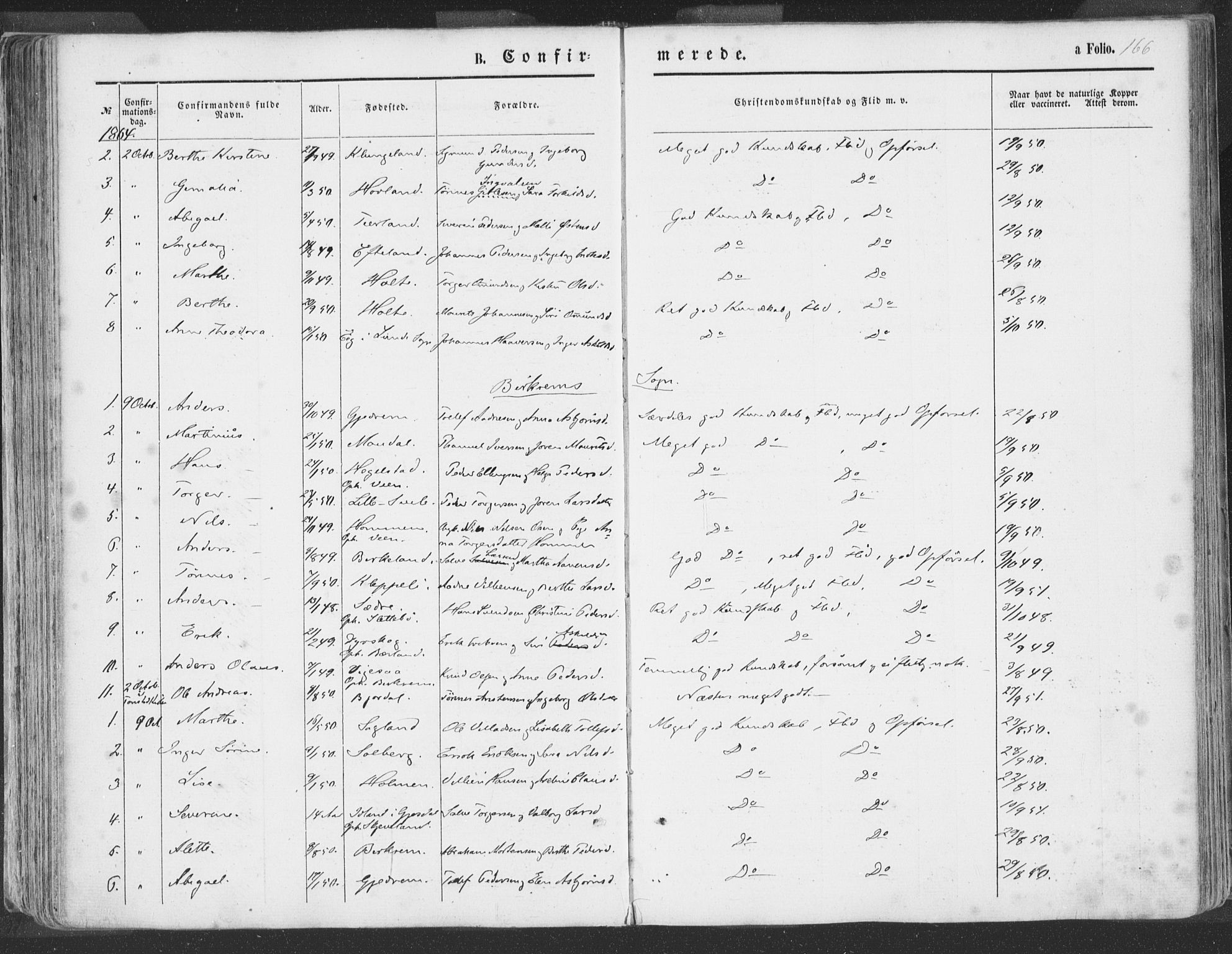 Helleland sokneprestkontor, AV/SAST-A-101810: Parish register (official) no. A 7.1, 1863-1886, p. 166