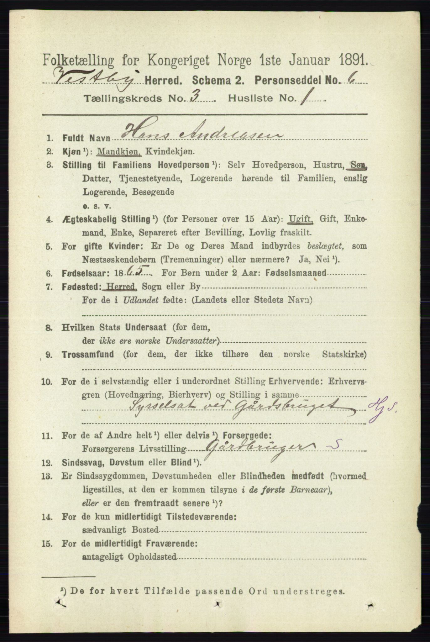 RA, 1891 census for 0211 Vestby, 1891, p. 1036