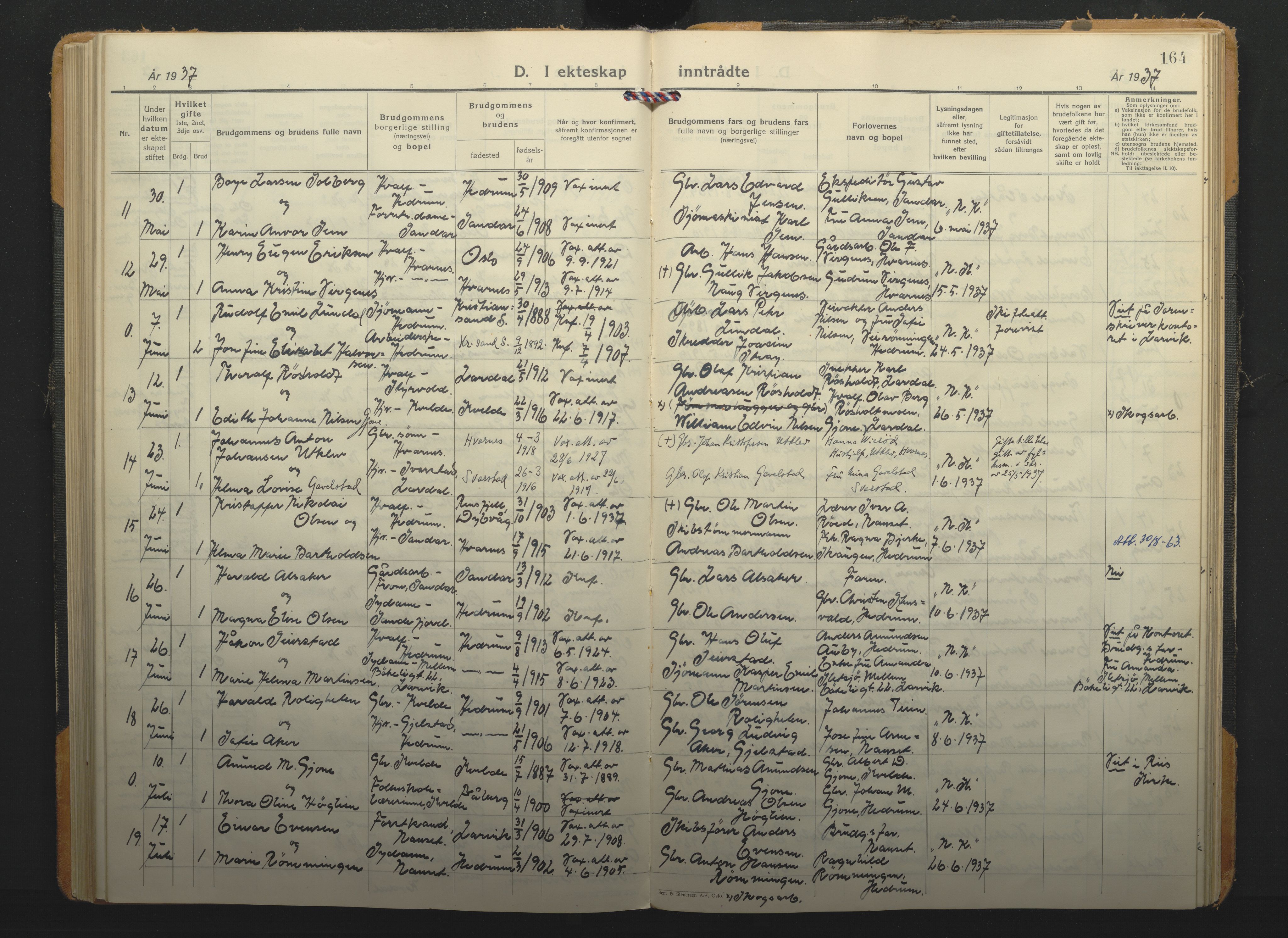 Hedrum kirkebøker, SAKO/A-344/F/Fa/L0012: Parish register (official) no. I 12, 1934-1941, p. 164