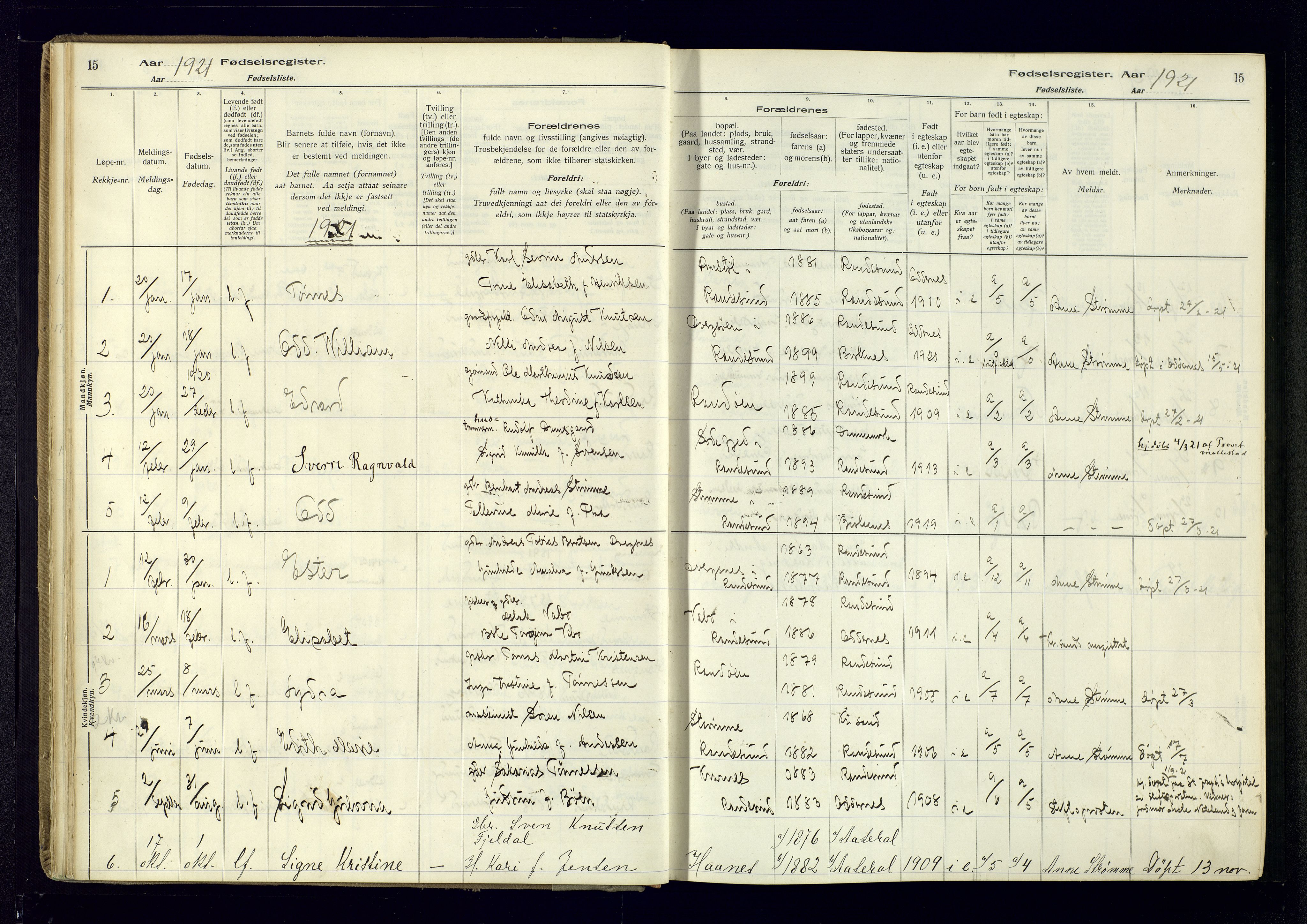 Oddernes sokneprestkontor, AV/SAK-1111-0033/J/Ja/L0007: Birth register no. 7, 1916-1971, p. 15