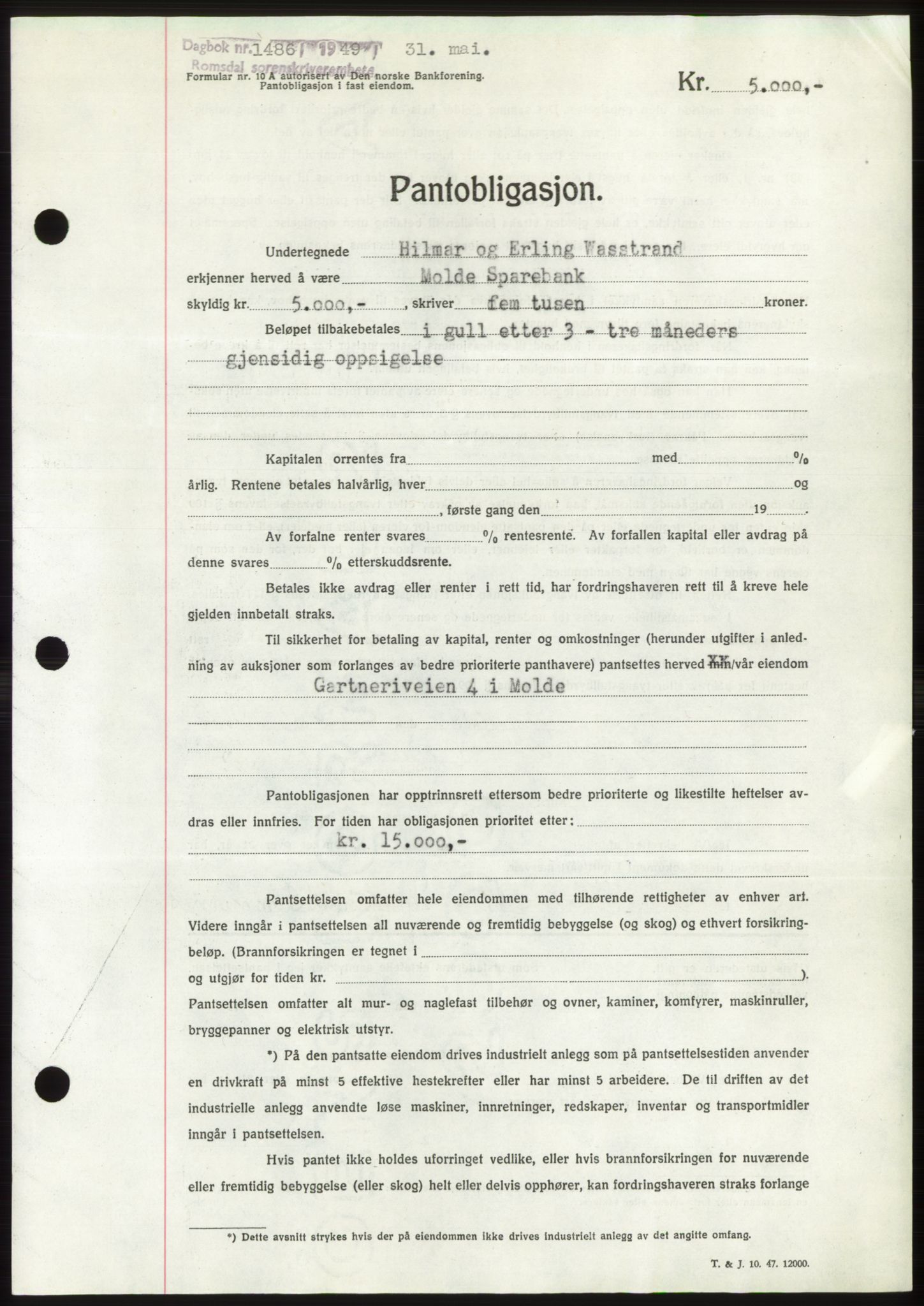 Romsdal sorenskriveri, AV/SAT-A-4149/1/2/2C: Mortgage book no. B4, 1948-1949, Diary no: : 1486/1949