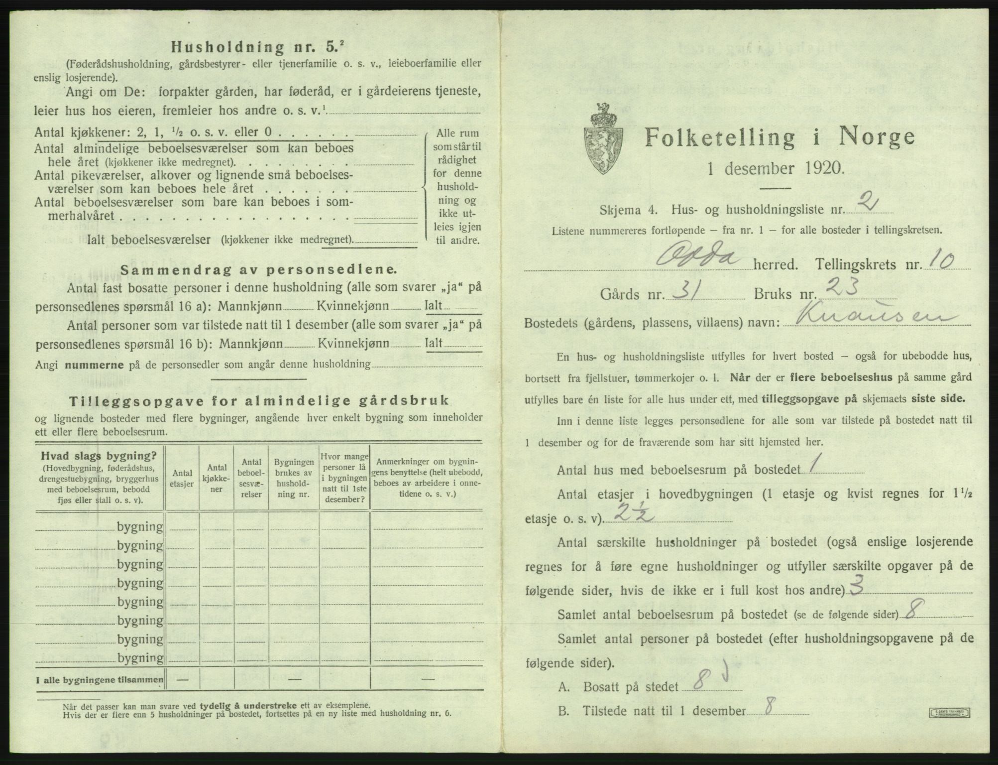 SAB, 1920 census for Odda, 1920, p. 886