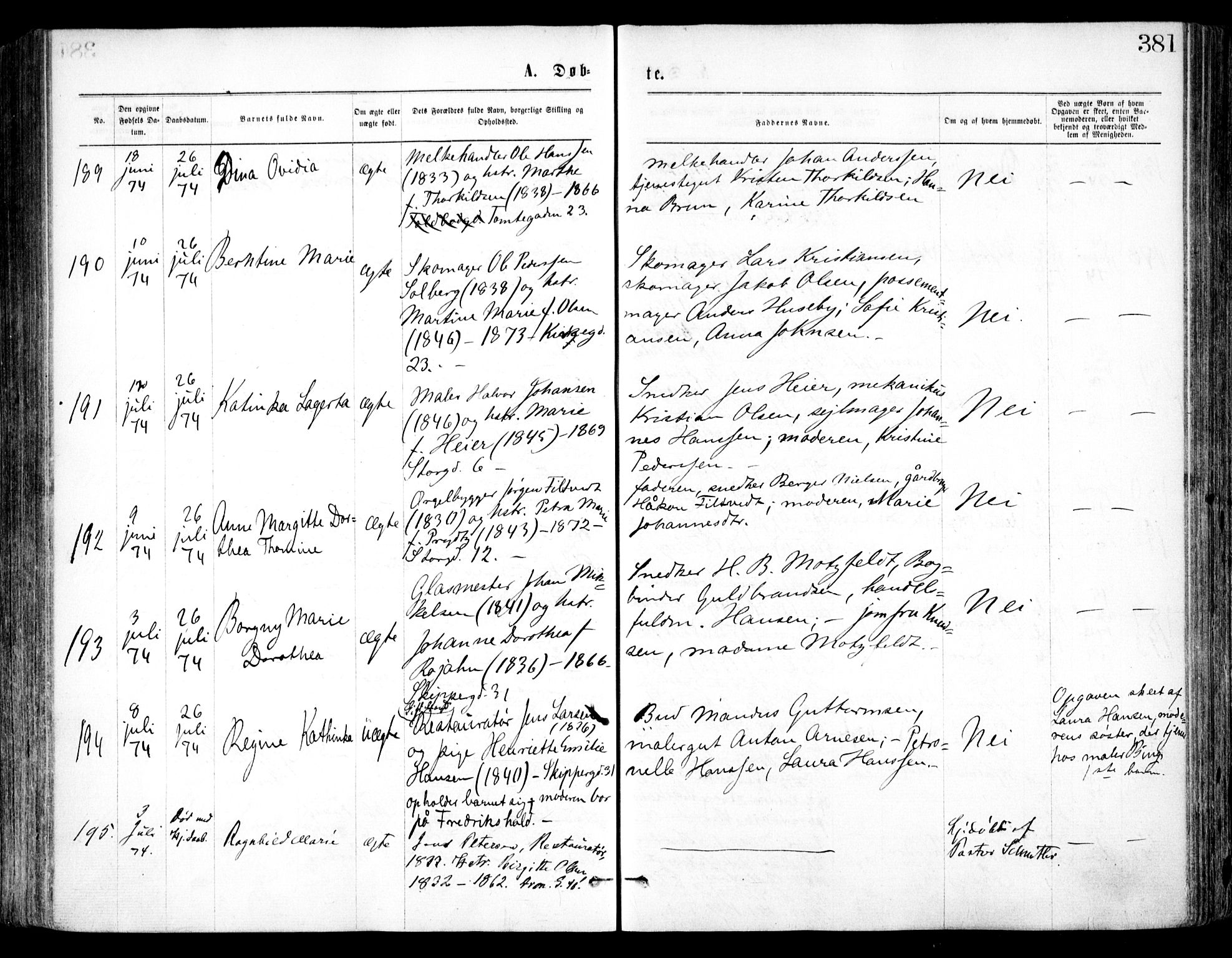 Oslo domkirke Kirkebøker, AV/SAO-A-10752/F/Fa/L0017: Parish register (official) no. 17, 1869-1878, p. 381