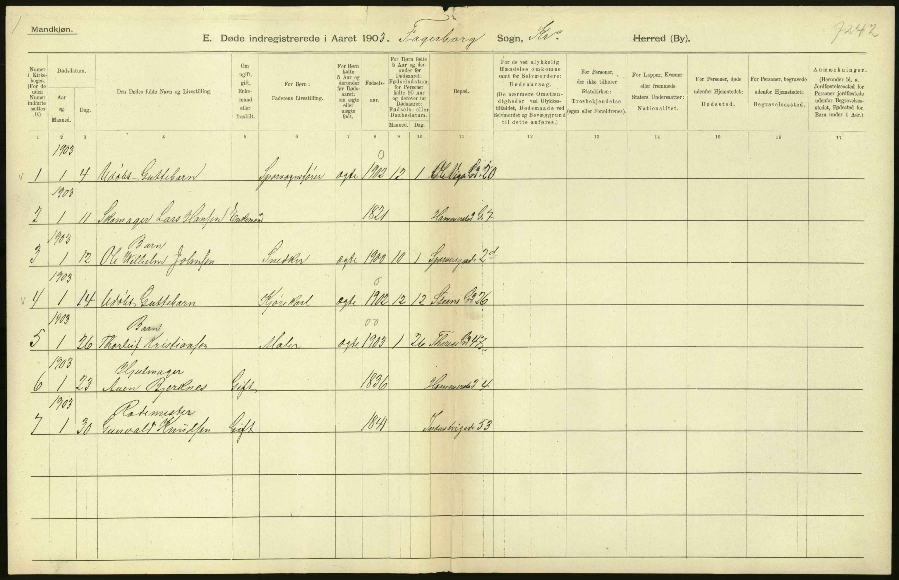 Statistisk sentralbyrå, Sosiodemografiske emner, Befolkning, AV/RA-S-2228/D/Df/Dfa/Dfaa/L0004: Kristiania: Gifte, døde, 1903, p. 4