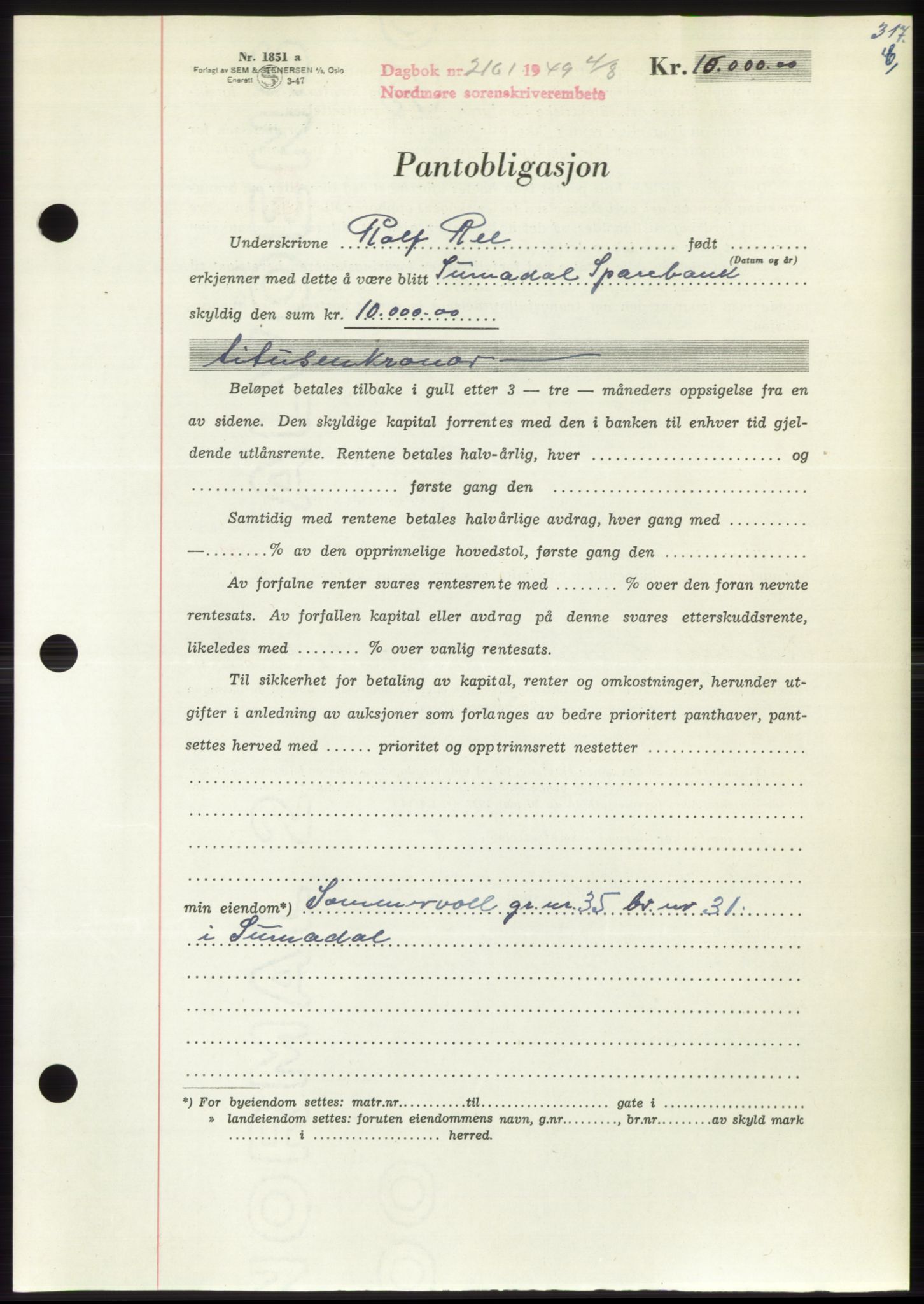 Nordmøre sorenskriveri, AV/SAT-A-4132/1/2/2Ca: Mortgage book no. B102, 1949-1949, Diary no: : 2161/1949