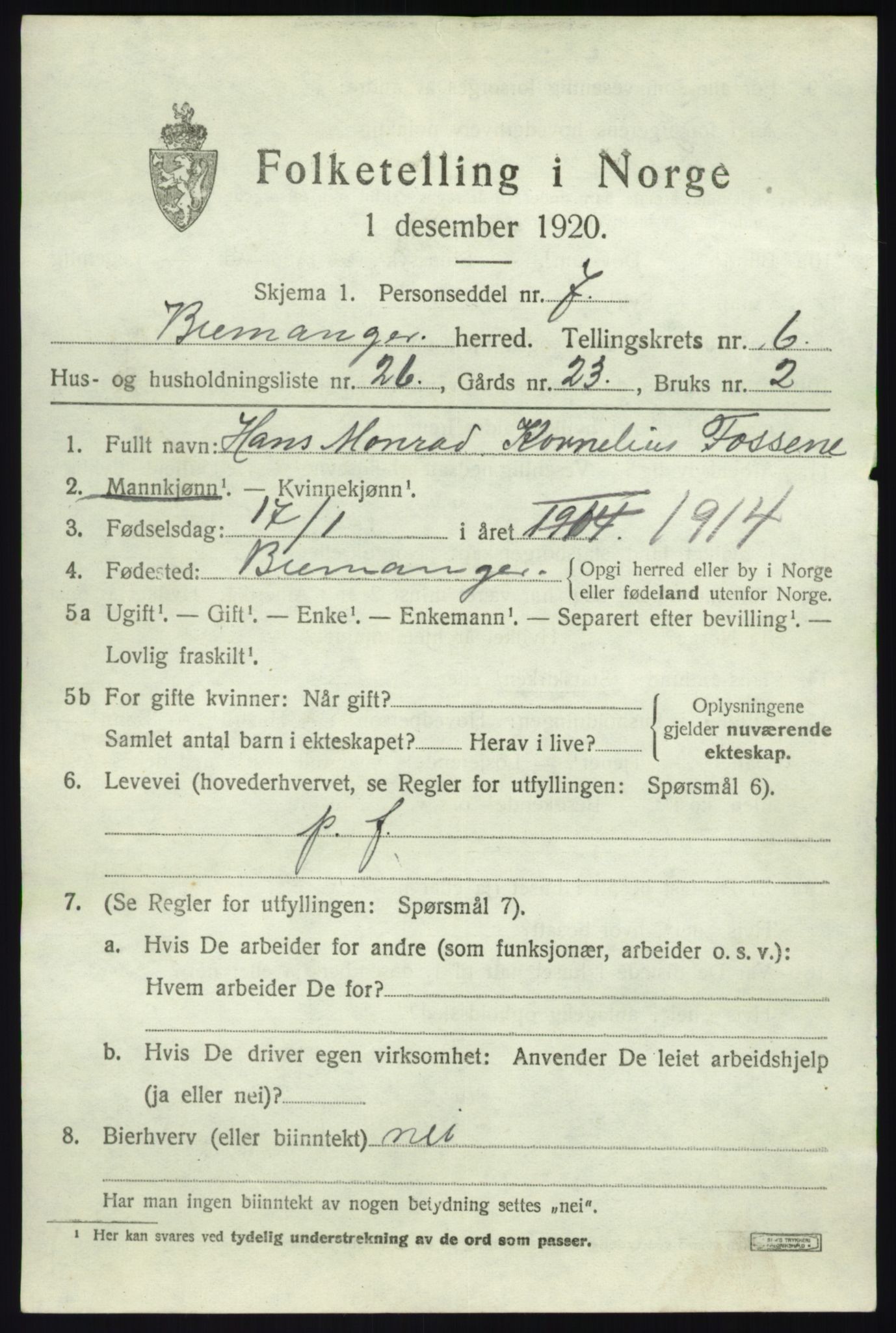 SAB, 1920 census for Bremanger, 1920, p. 4398