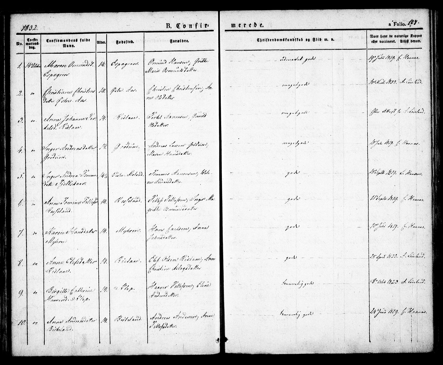 Birkenes sokneprestkontor, SAK/1111-0004/F/Fa/L0001: Parish register (official) no. A 1, 1829-1849, p. 107