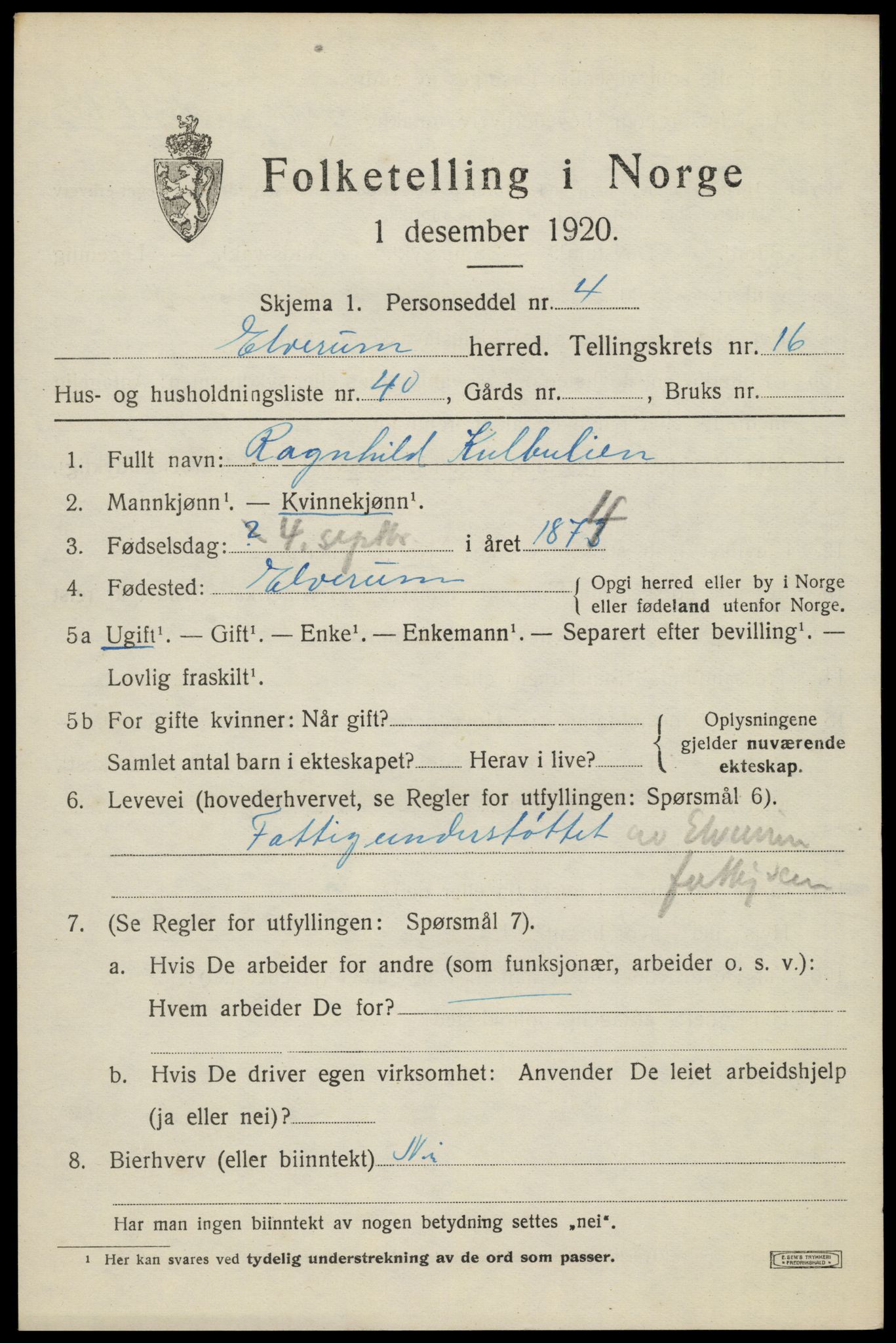 SAH, 1920 census for Elverum, 1920, p. 21228