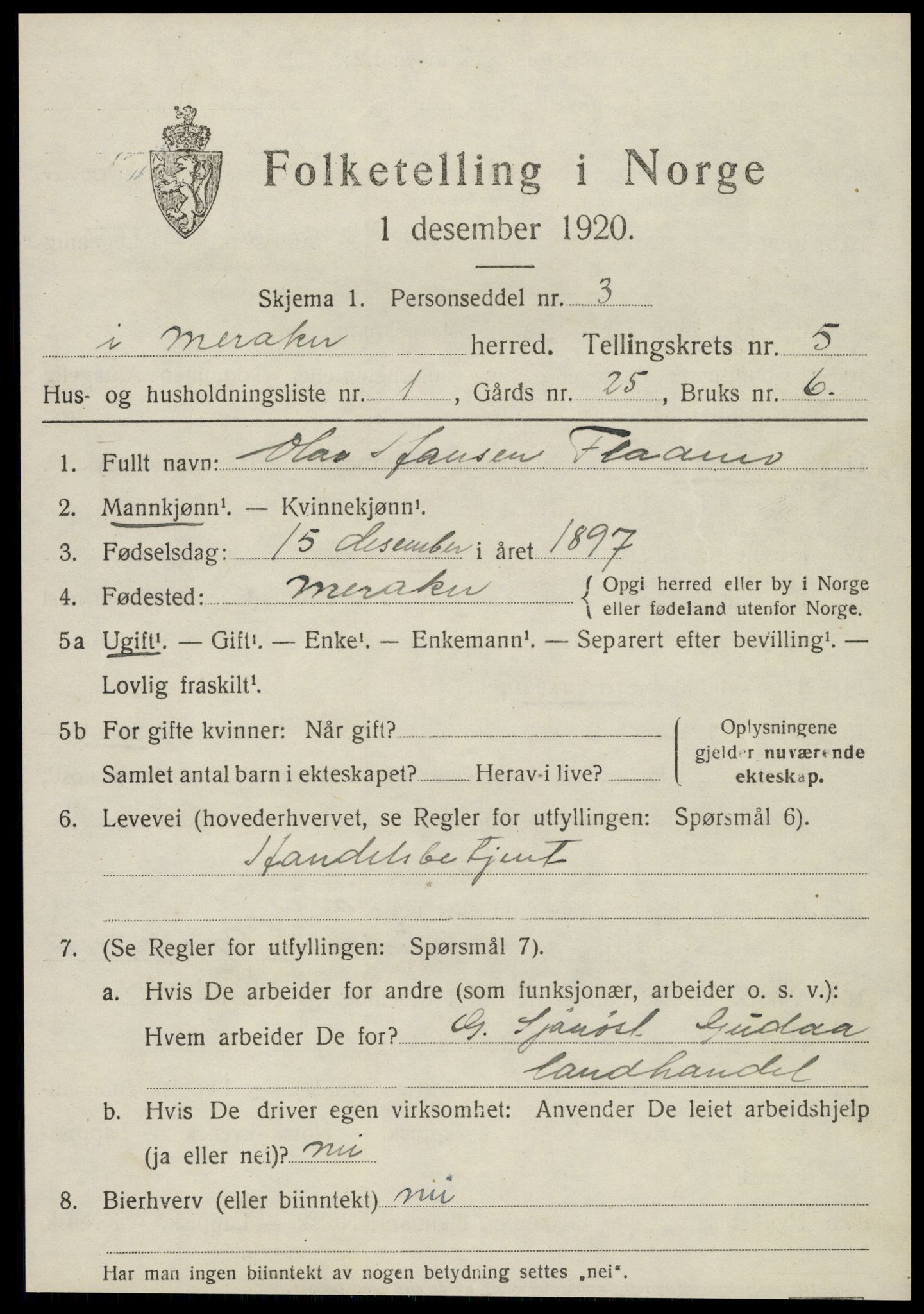 SAT, 1920 census for Meråker, 1920, p. 4038