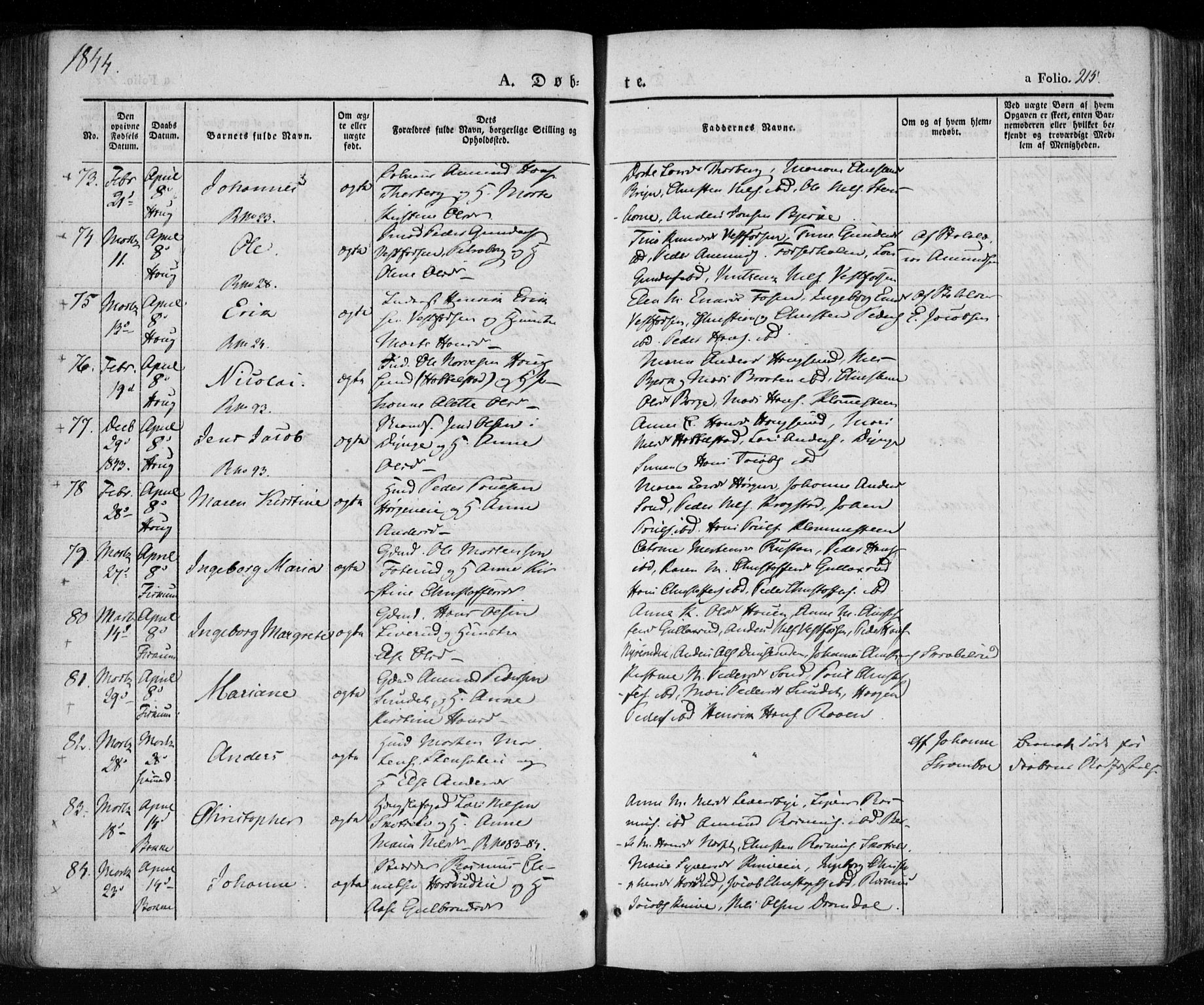Eiker kirkebøker, SAKO/A-4/F/Fa/L0013a: Parish register (official) no. I 13A, 1832-1845, p. 215