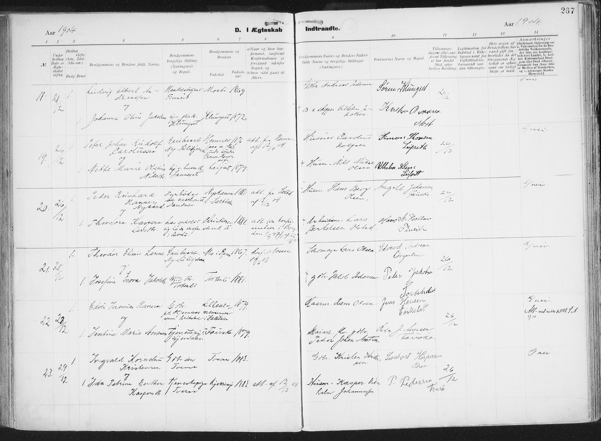 Ministerialprotokoller, klokkerbøker og fødselsregistre - Nordland, SAT/A-1459/849/L0696: Parish register (official) no. 849A08, 1898-1910, p. 267