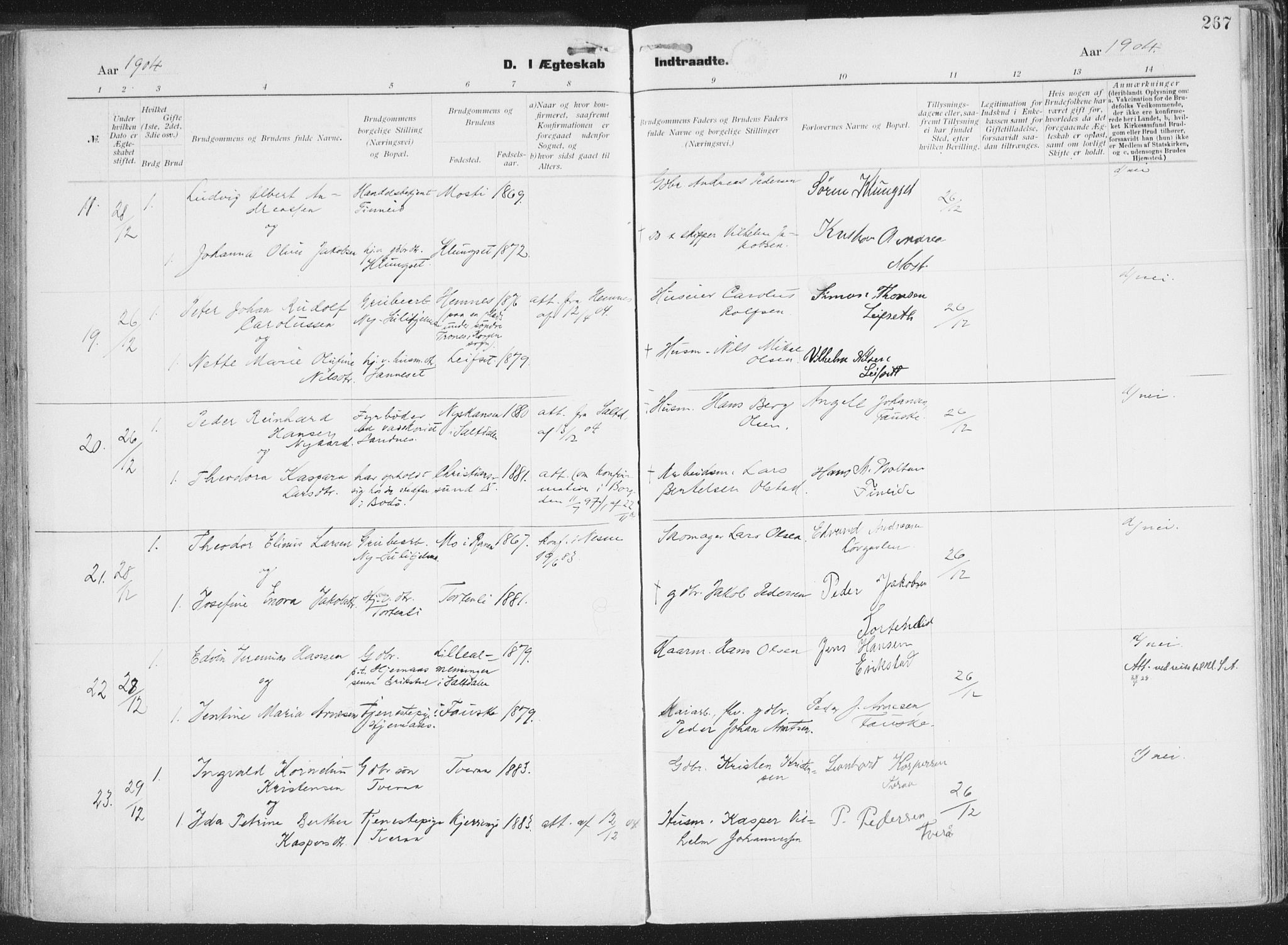 Ministerialprotokoller, klokkerbøker og fødselsregistre - Nordland, AV/SAT-A-1459/849/L0696: Parish register (official) no. 849A08, 1898-1910, p. 267