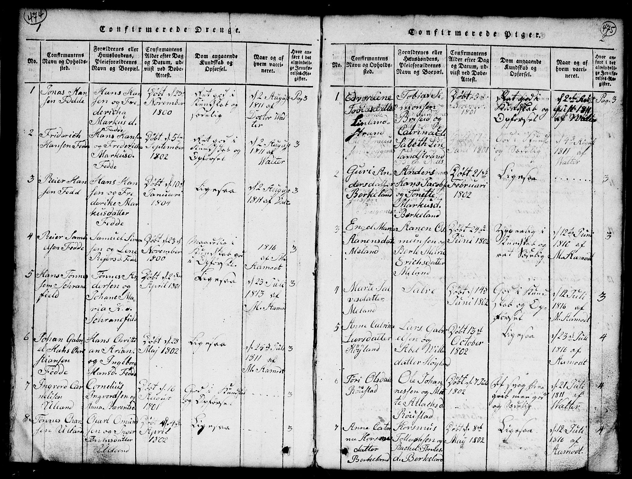 Kvinesdal sokneprestkontor, SAK/1111-0026/F/Fb/Fba/L0001: Parish register (copy) no. B 1, 1815-1839, p. 474-475