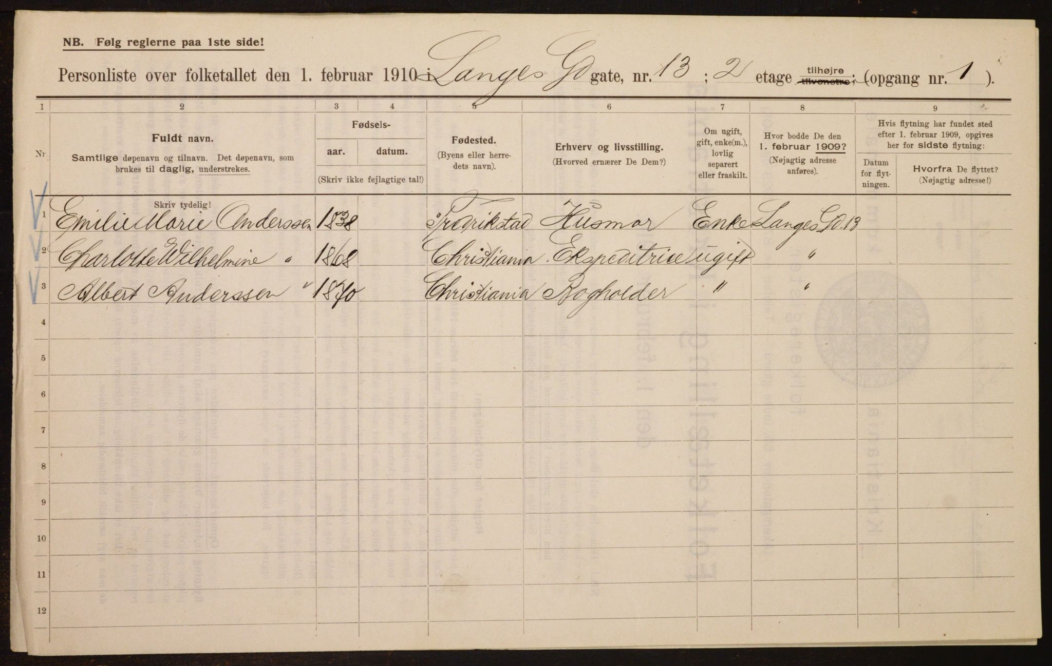 OBA, Municipal Census 1910 for Kristiania, 1910, p. 54436