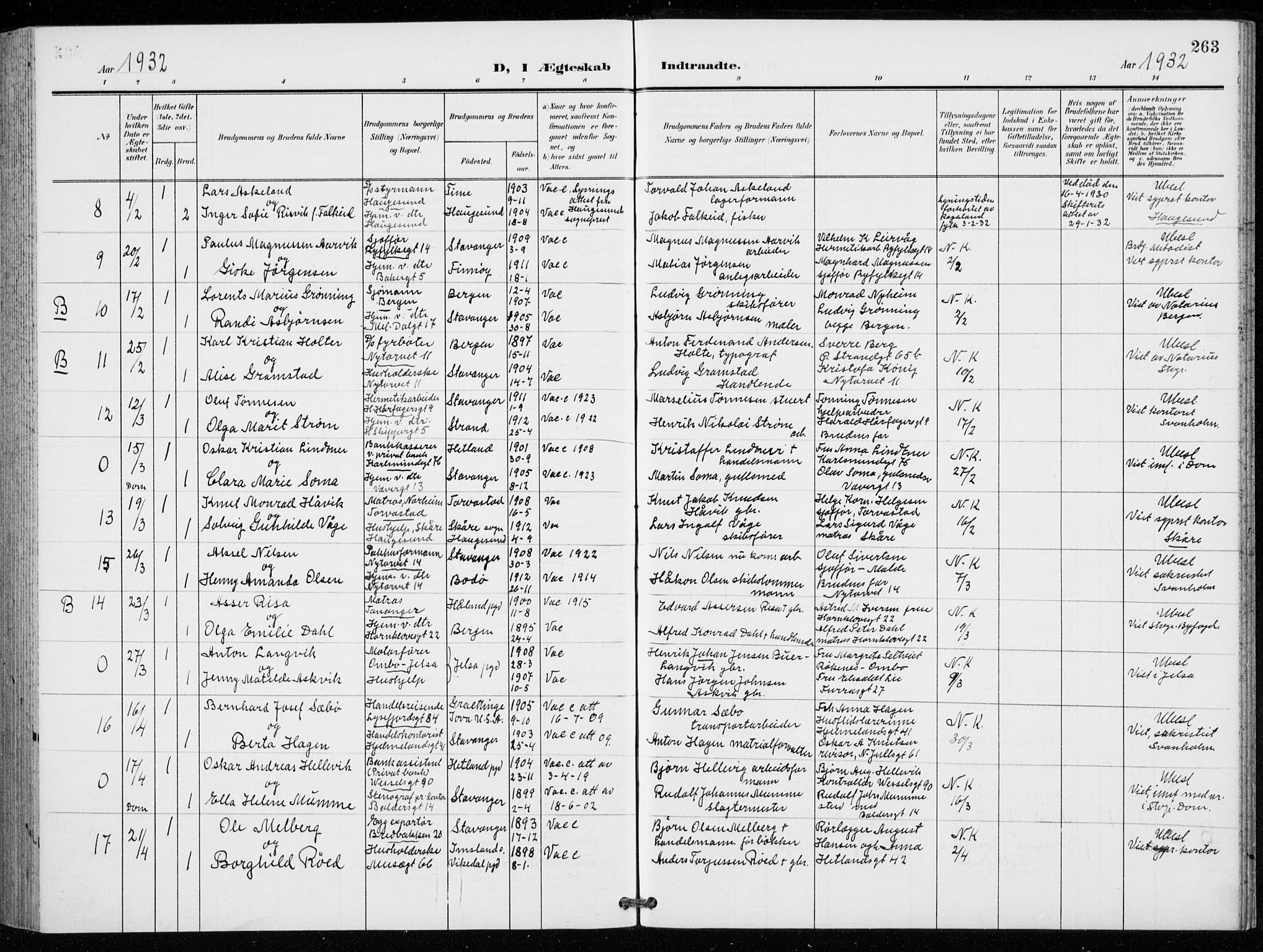 St. Petri sokneprestkontor, AV/SAST-A-101813/001/30/30BB/L0009: Parish register (copy) no. B 9, 1902-1935, p. 263