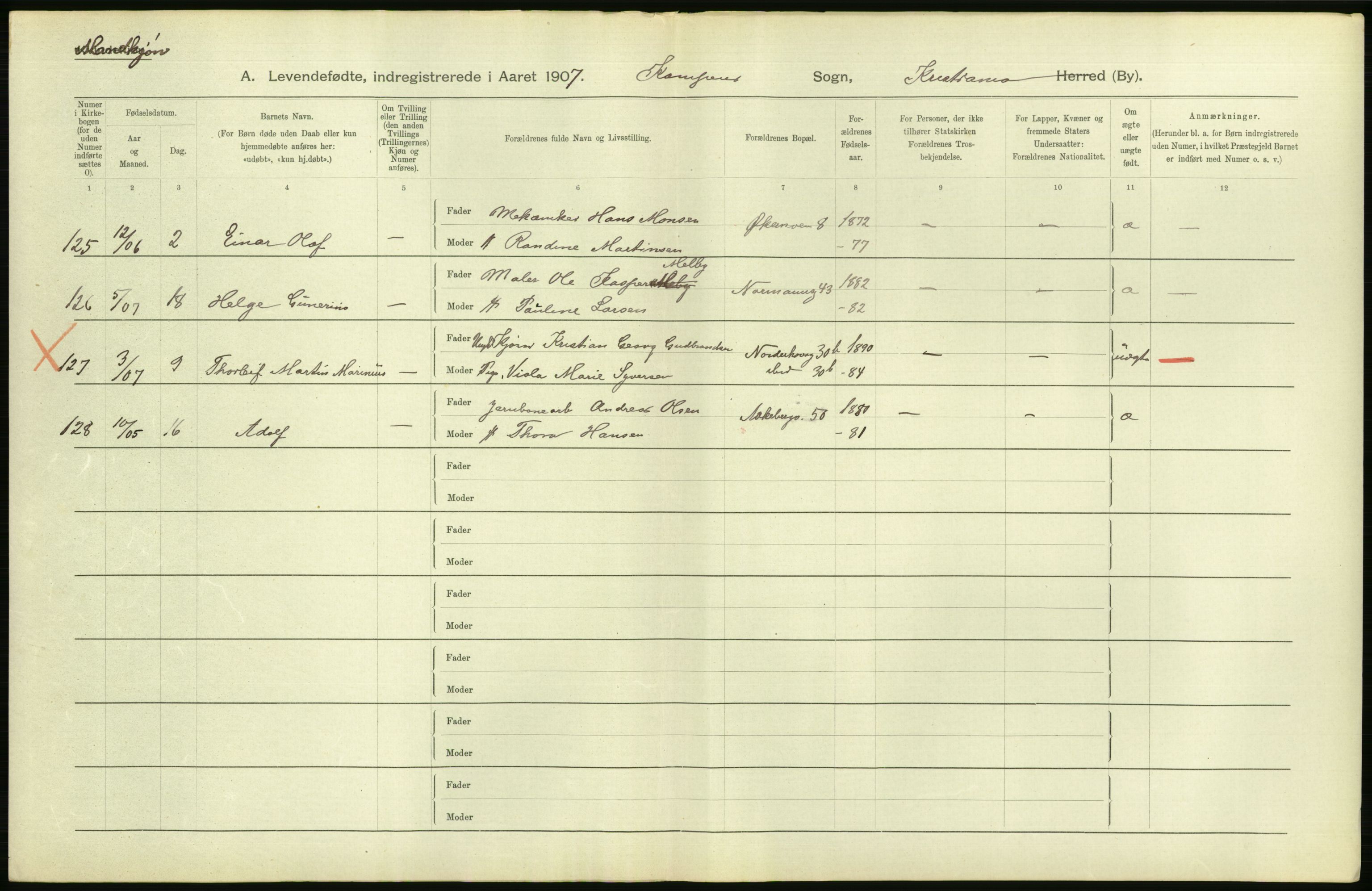 Statistisk sentralbyrå, Sosiodemografiske emner, Befolkning, AV/RA-S-2228/D/Df/Dfa/Dfae/L0007: Kristiania: Levendefødte menn og kvinner., 1907, p. 454