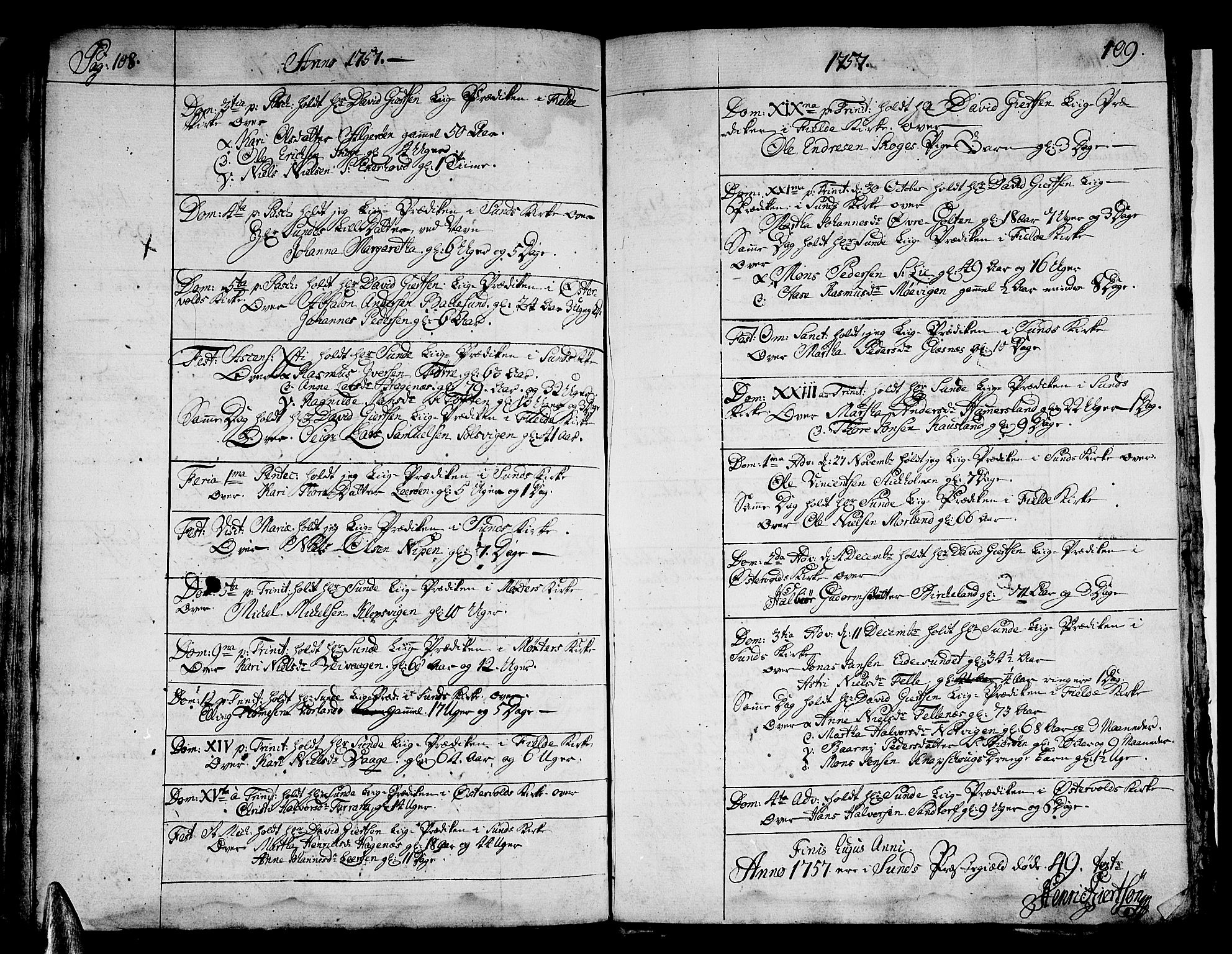 Sund sokneprestembete, AV/SAB-A-99930: Parish register (official) no. A 2, 1729-1769, p. 108-109