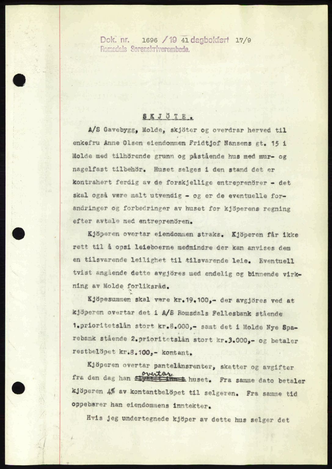 Romsdal sorenskriveri, AV/SAT-A-4149/1/2/2C: Mortgage book no. A10, 1941-1941, Diary no: : 1696/1941