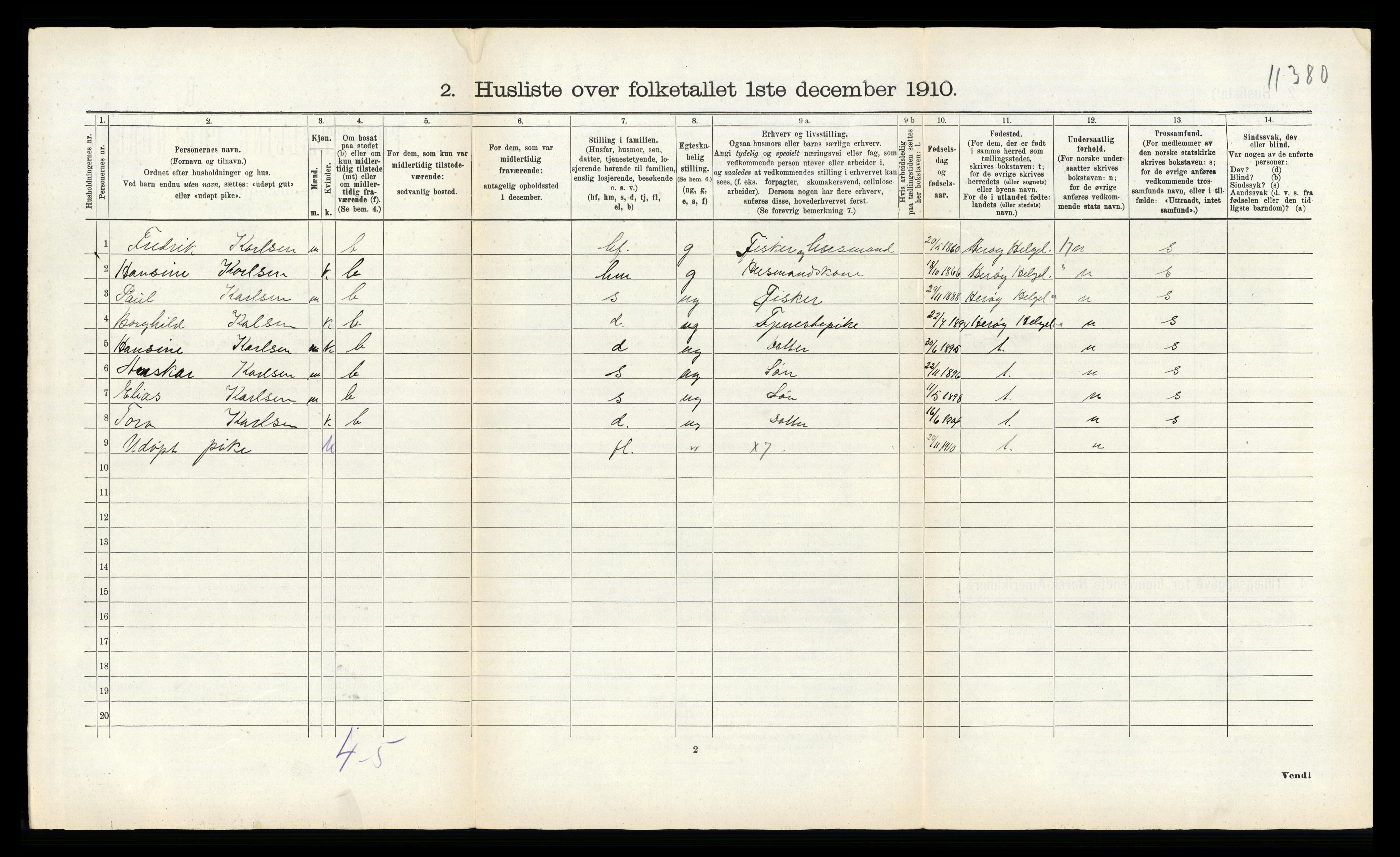 RA, 1910 census for Dønnes, 1910, p. 213