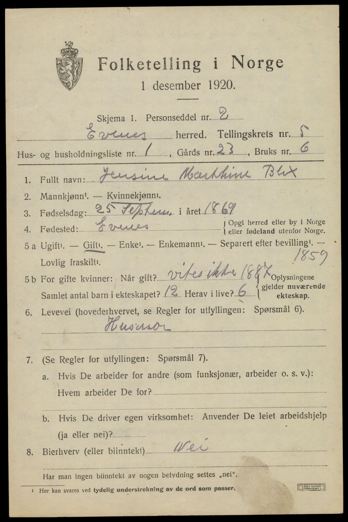 SAT, 1920 census for Evenes, 1920, p. 4120