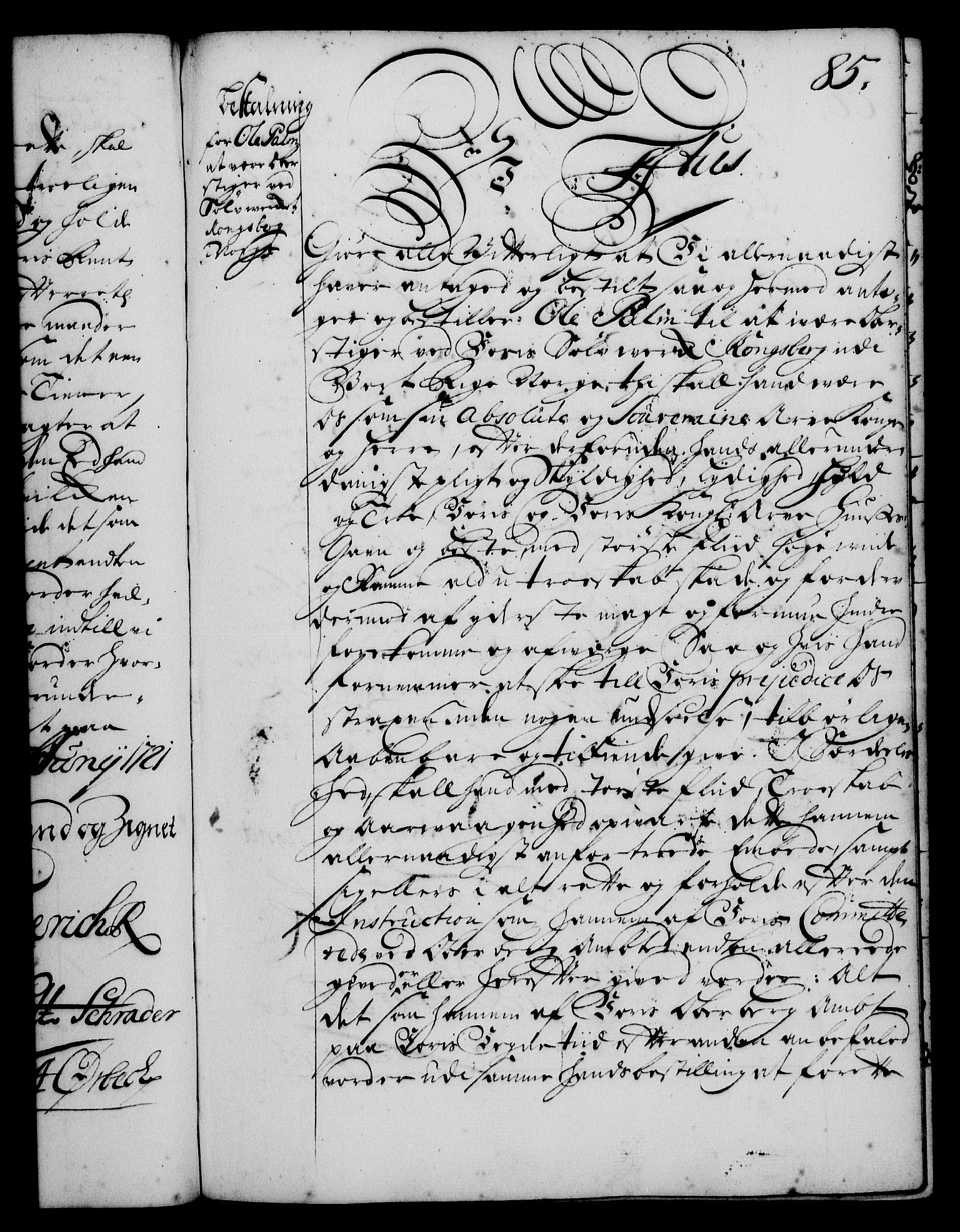 Rentekammeret, Kammerkanselliet, RA/EA-3111/G/Gg/Gge/L0001: Norsk bestallingsprotokoll med register (merket RK 53.25), 1720-1730, p. 85