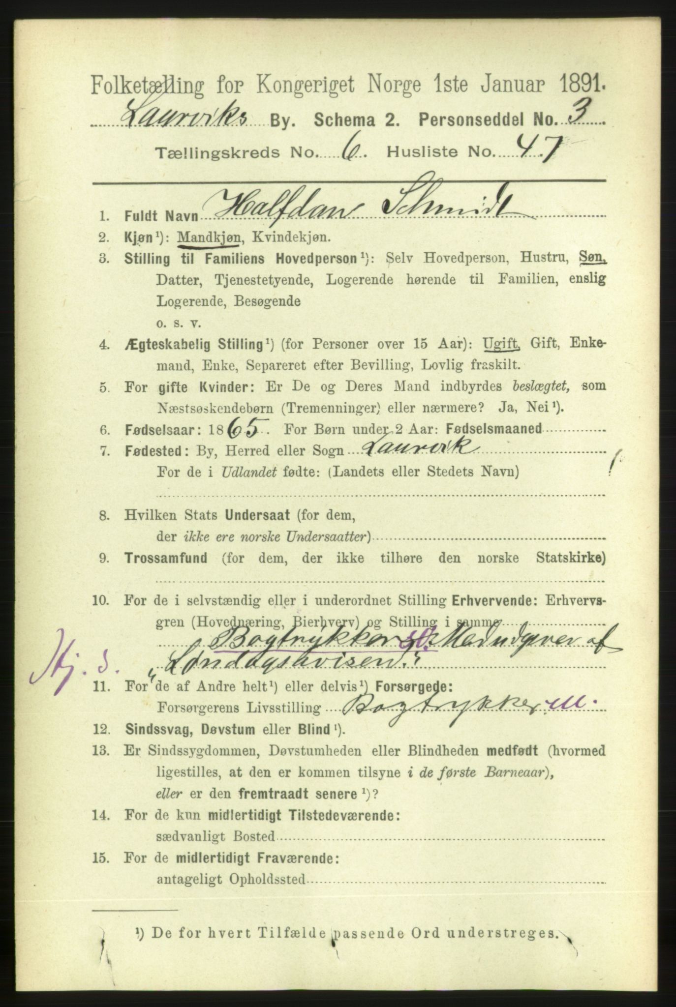 RA, 1891 census for 0707 Larvik, 1891, p. 7134