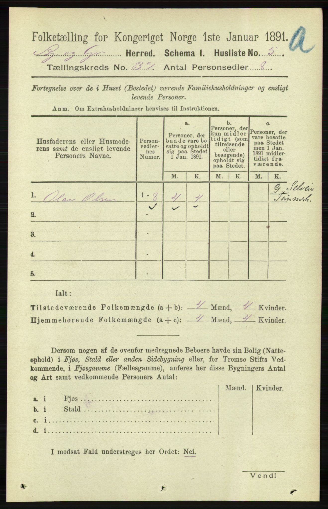 RA, 1891 census for 1024 Bjelland og Grindheim, 1891, p. 1410