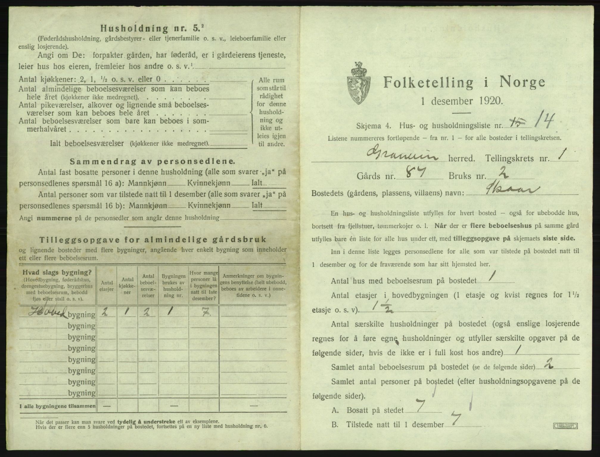 SAB, 1920 census for Granvin, 1920, p. 48