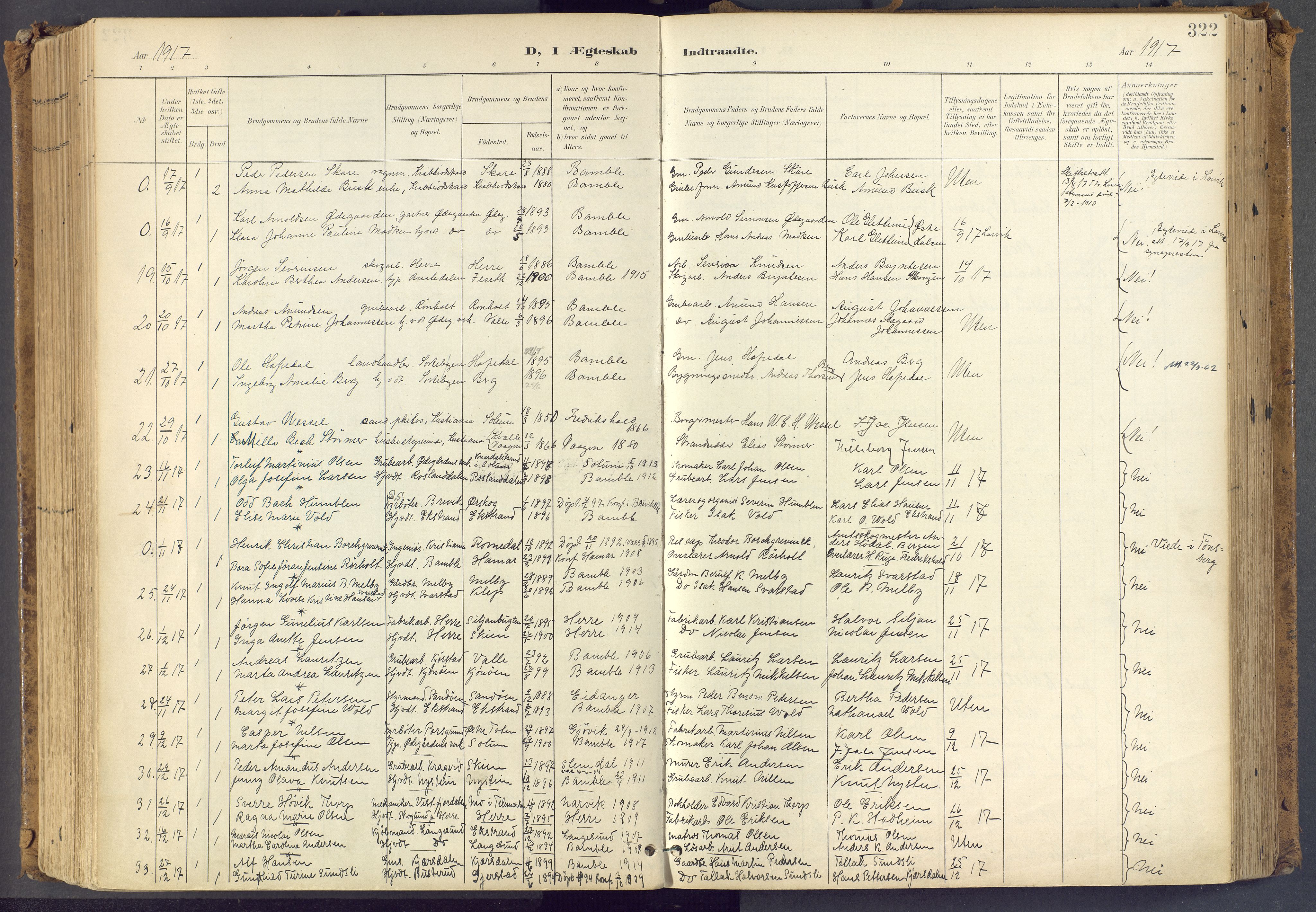 Bamble kirkebøker, SAKO/A-253/F/Fa/L0009: Parish register (official) no. I 9, 1901-1917, p. 322