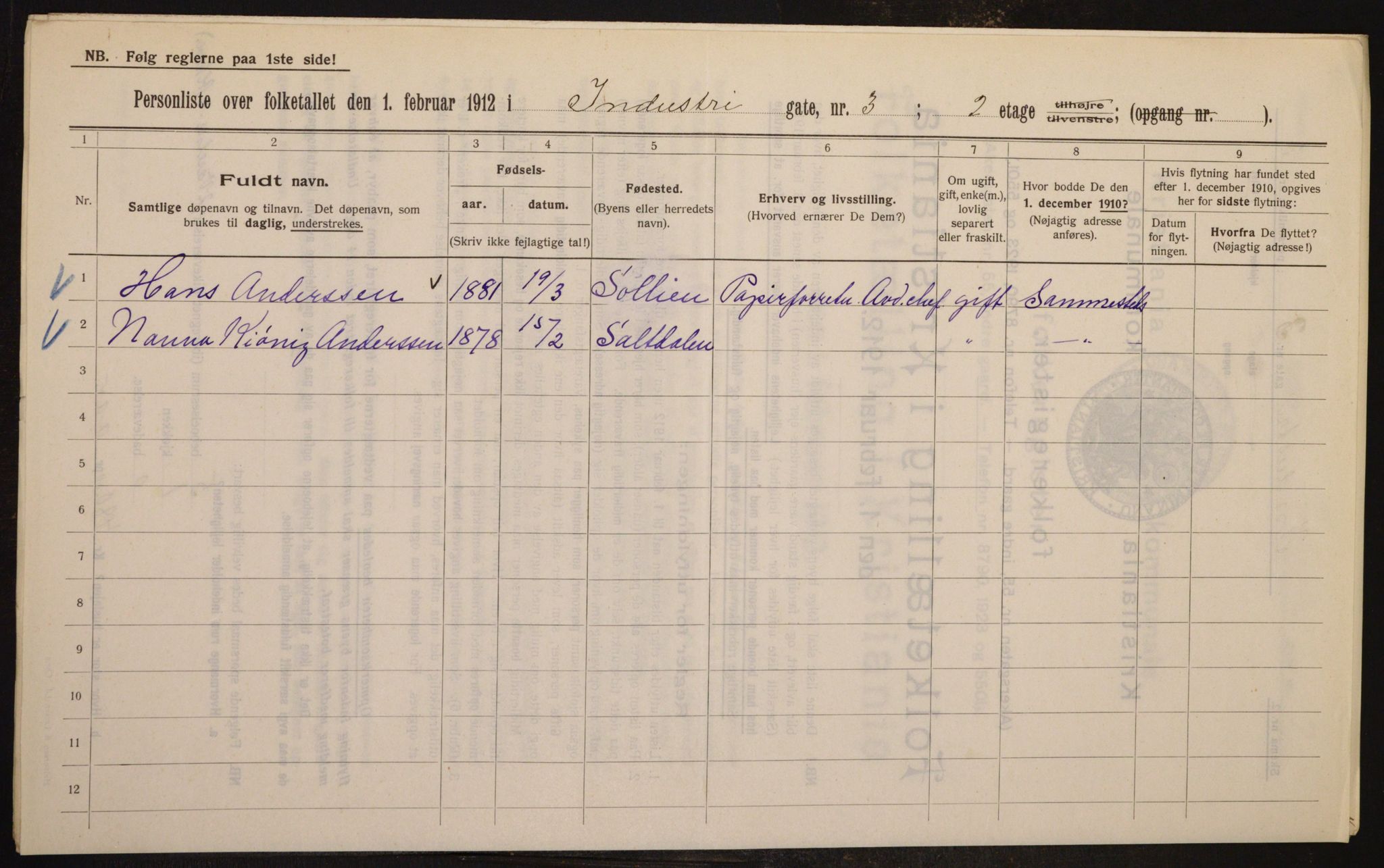 OBA, Municipal Census 1912 for Kristiania, 1912, p. 43565