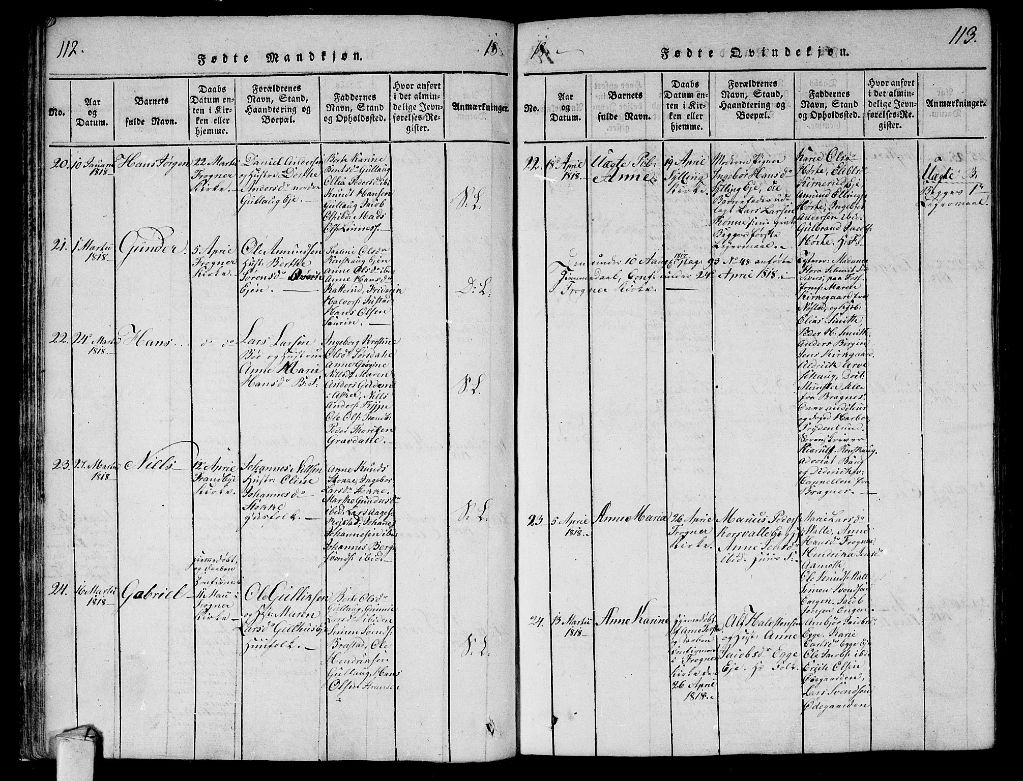 Lier kirkebøker, SAKO/A-230/F/Fa/L0008: Parish register (official) no. I 8, 1813-1825, p. 112-113