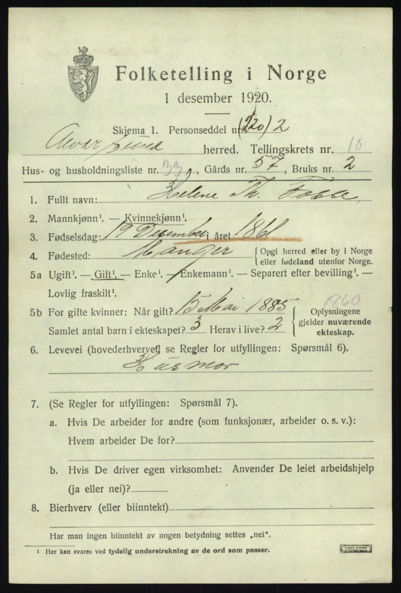 SAB, 1920 census for Alversund, 1920, p. 6672