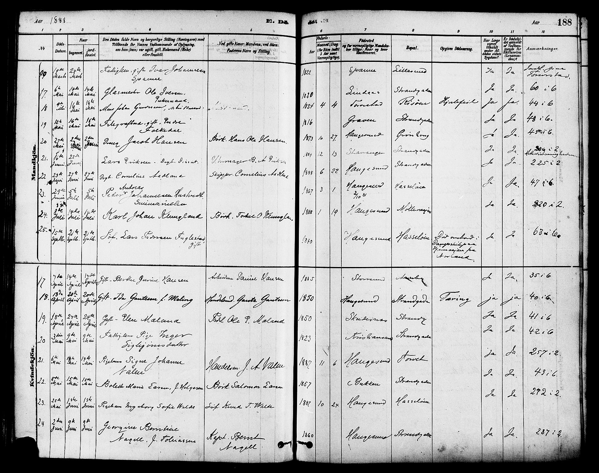 Haugesund sokneprestkontor, AV/SAST-A -101863/H/Ha/Haa/L0003: Parish register (official) no. A 3, 1885-1890, p. 188