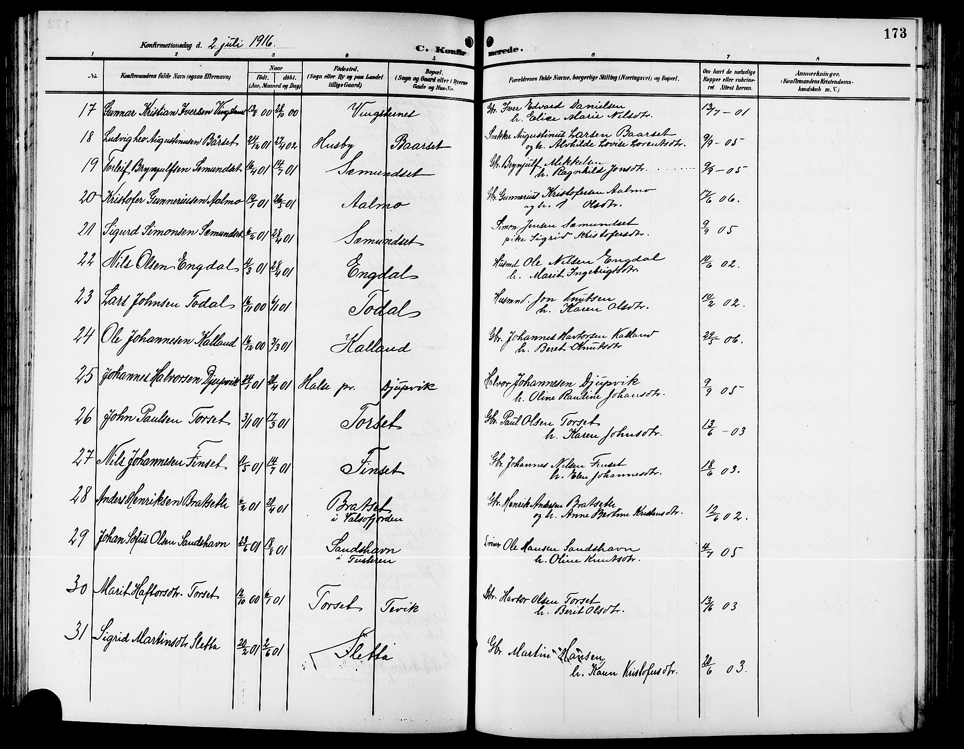 Ministerialprotokoller, klokkerbøker og fødselsregistre - Møre og Romsdal, AV/SAT-A-1454/578/L0910: Parish register (copy) no. 578C03, 1900-1921, p. 173